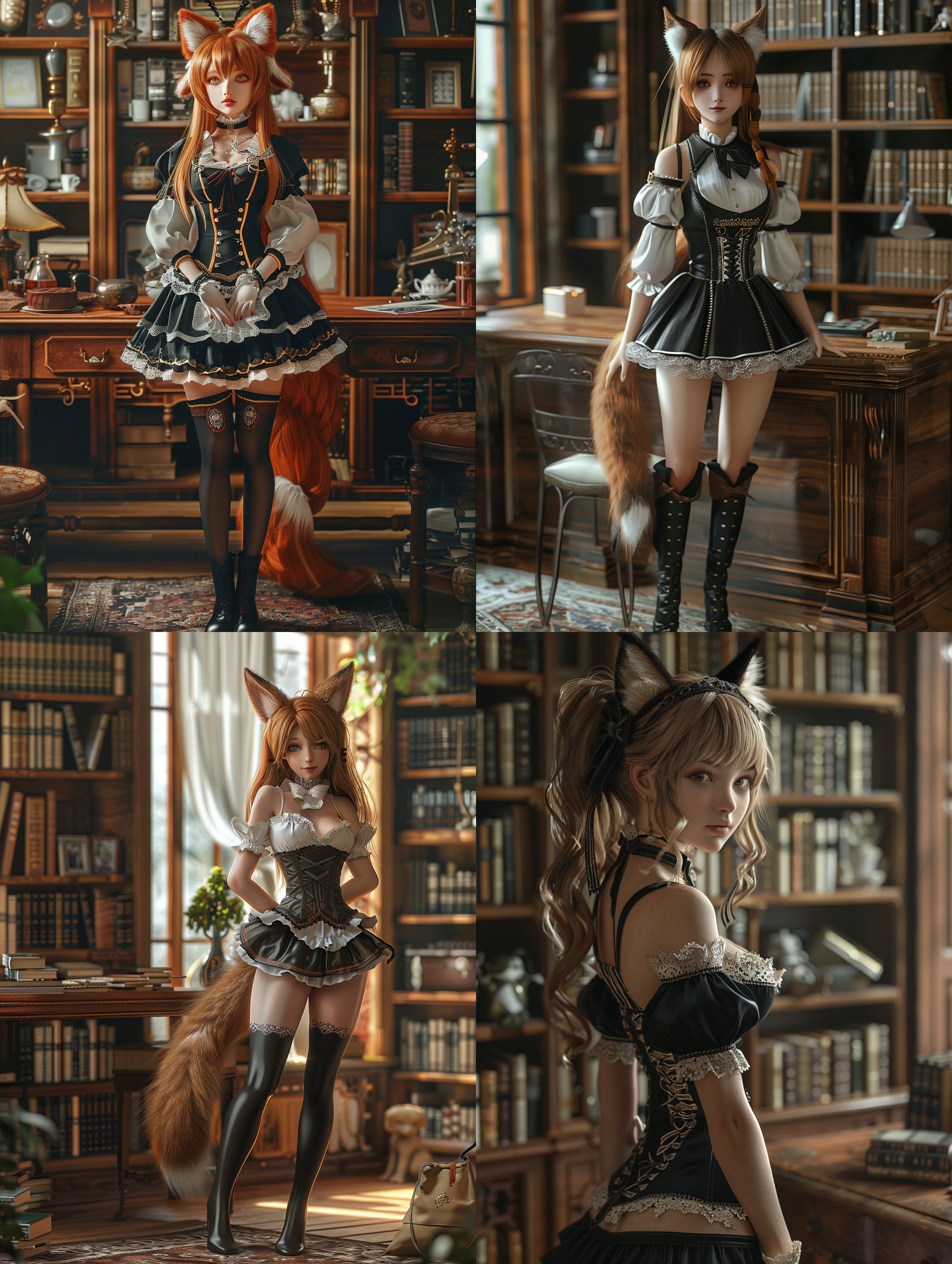 成年美女，柔和的面部，雪白的皮肤，狐狸耳朵，黑色的的女仆装，马丁靴，栗色头发，背景是书架和书桌，4k，maya，复杂细节，立姿，全身 并列构图 图书馆背景