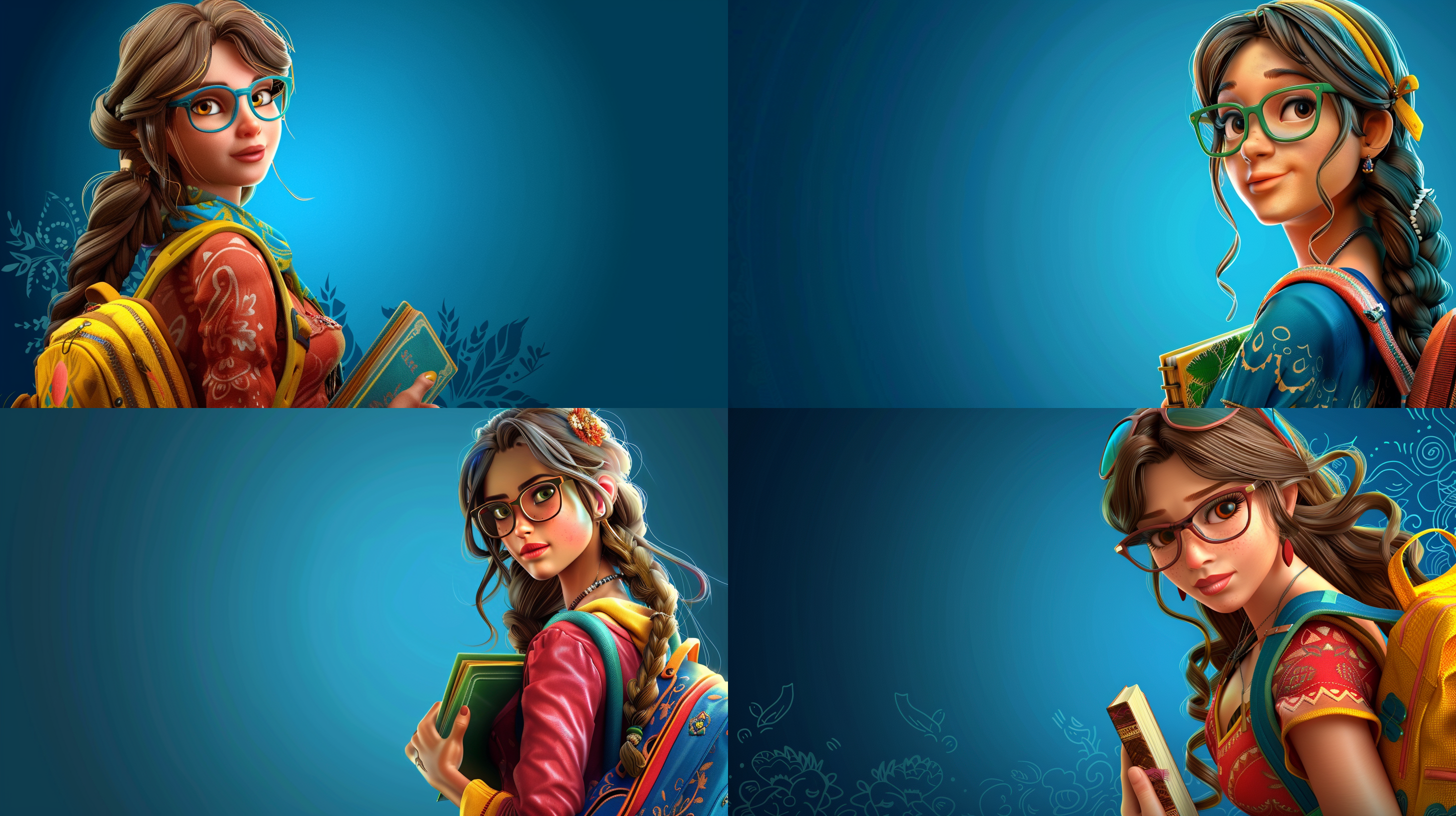 一名青春靓丽的女孩 戴眼镜 长发 手里拿着书 背着书包 蓝色背景 卡通 3d 柔和