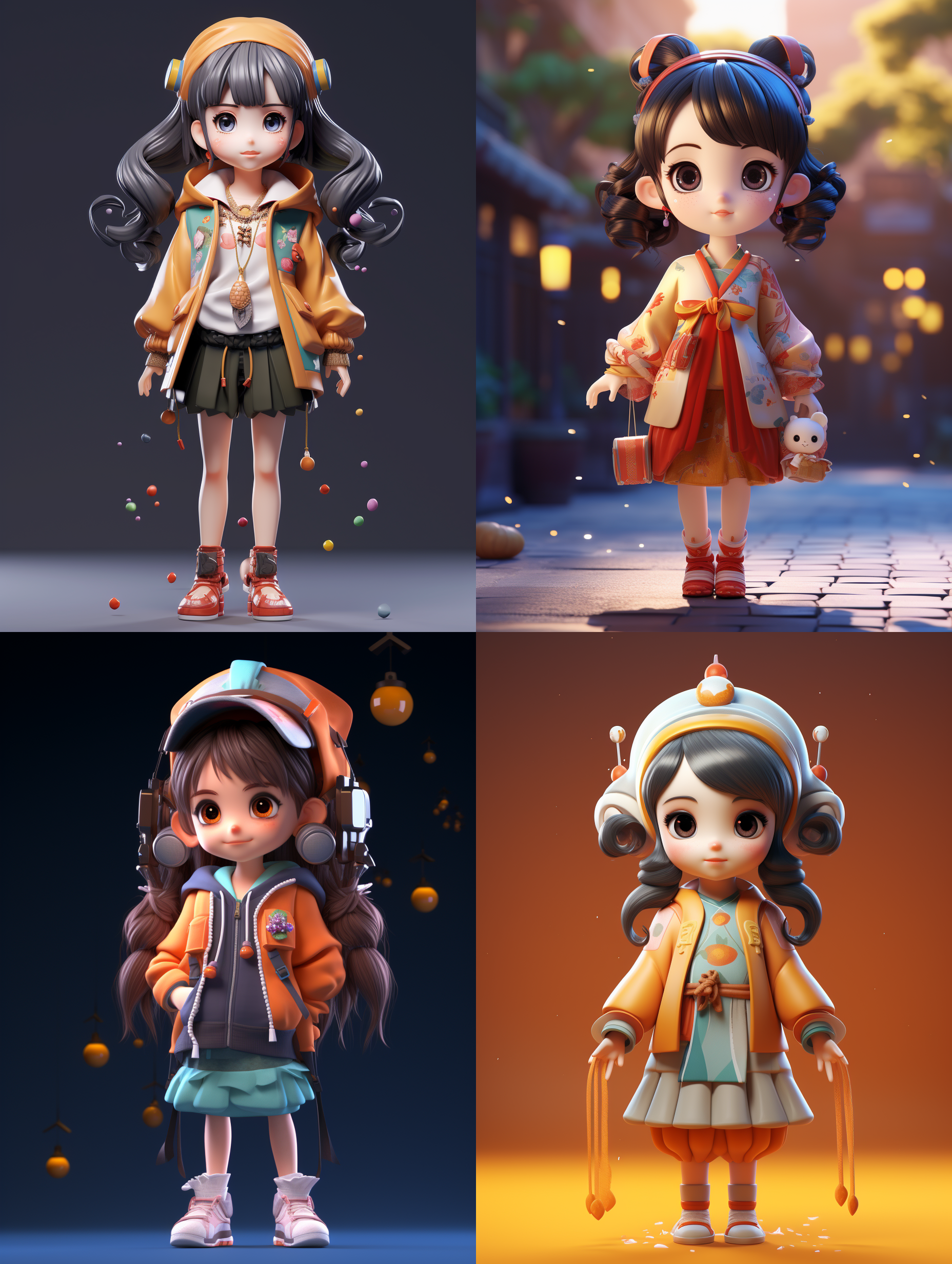 一个可爱的中国小姐姐，看着镜头，站得自然饱满，穿着衣服，发饰，高端自然配色，明亮和谐，可爱多彩，光线追踪，泡泡商城风格，设计简洁，ip盲盒形象，人物设计细节，有趣的人物设计，行为，海派，有机雕塑，c4d风格，卡通写实，图书插图风格，4k展示，