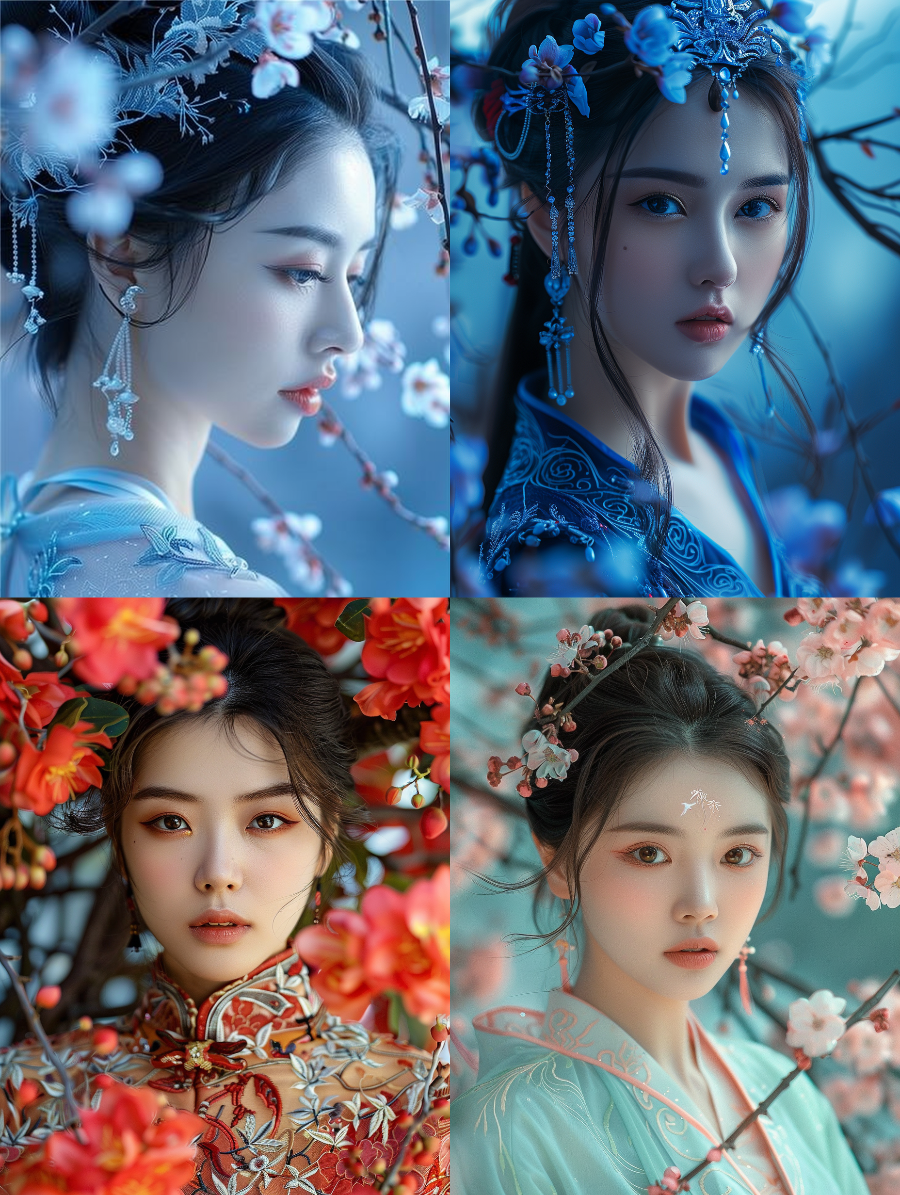 一位美丽的中国女性，身着传统服装，站在花藤旁边。她优雅地注视着前方，面容充满智慧和柔美。照片采用特写构图，展现出女性的精致美感。色调以蓝色为主，营造出超现实主义的氛围。整体画面呈现大师级的电影质感，仿佛一幅精美的海报。