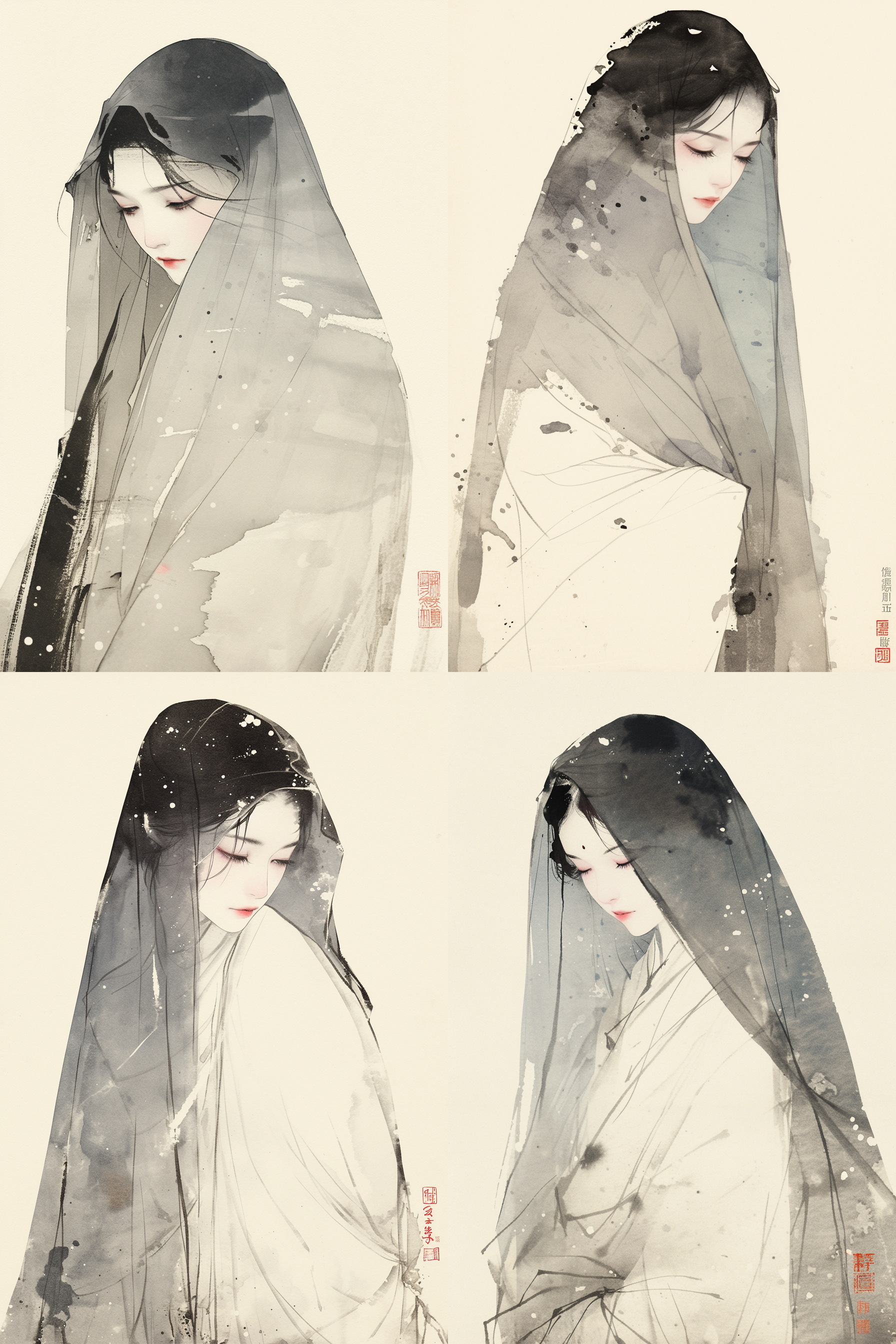 中国女子古代服装，神秘眼神，抽象绘画风格，禅宗元素，艾米·索尔风格，简约矢量艺术，当代中国艺术，水墨元素，渐变色彩，柔和调色板，异想天开动画，空灵抽象，高饱和度，暖色调，长焦镜头，悬挂构图，静态姿势，安静，神秘