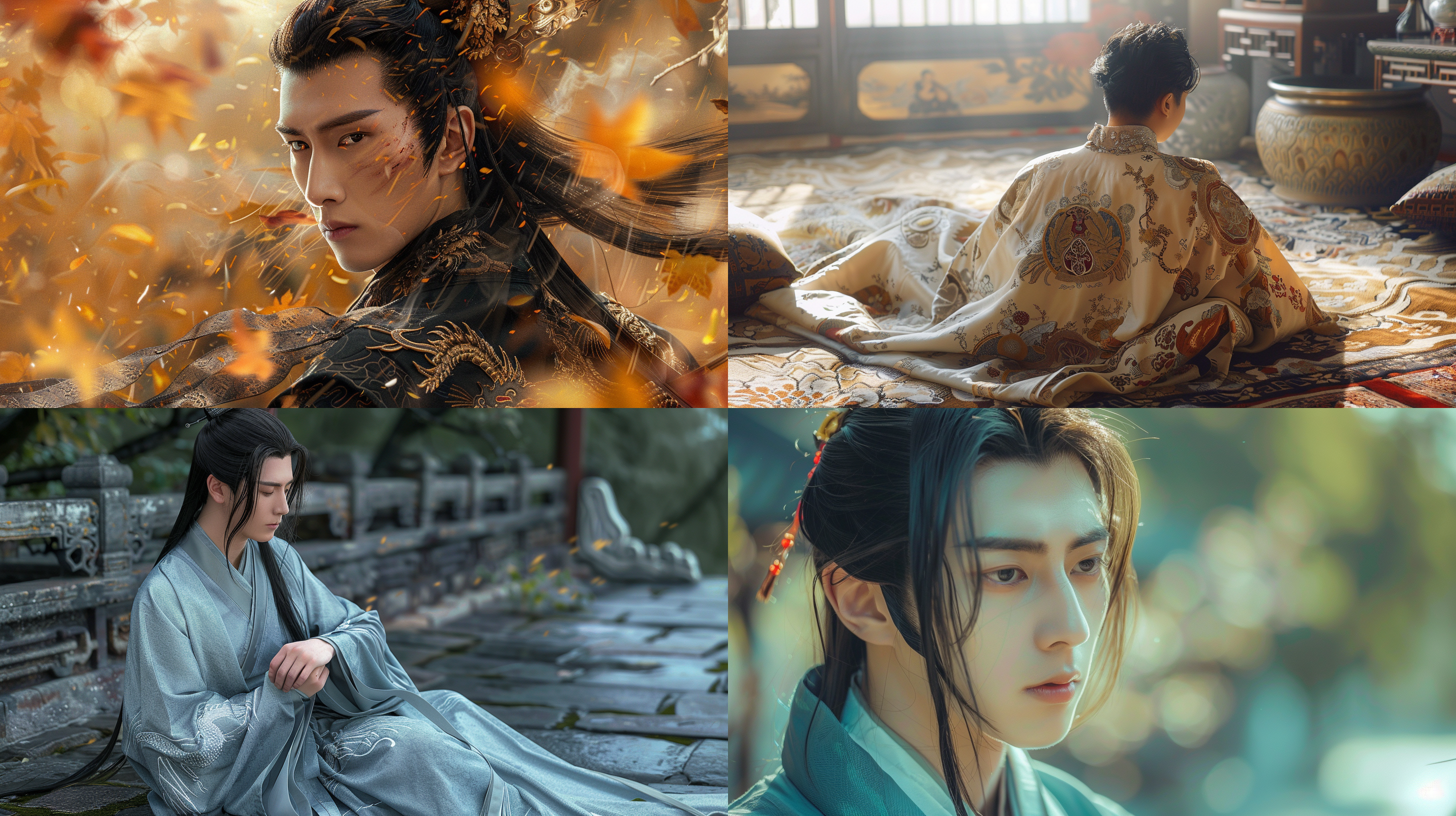 汉服男子，对角线布局，古代风格，8k，极高分辨率，镜头焦距，中国元素，神秘，威严。