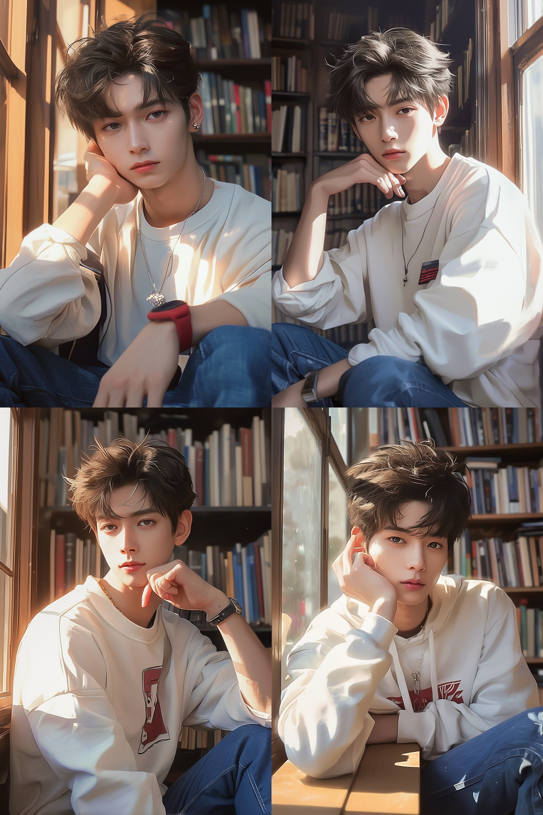 帅气男生在图书馆，静态构图，现代风格，室内环境，文学氛围，长焦镜头，柔和侧光，阅读动作，专注，深沉色调，思考。