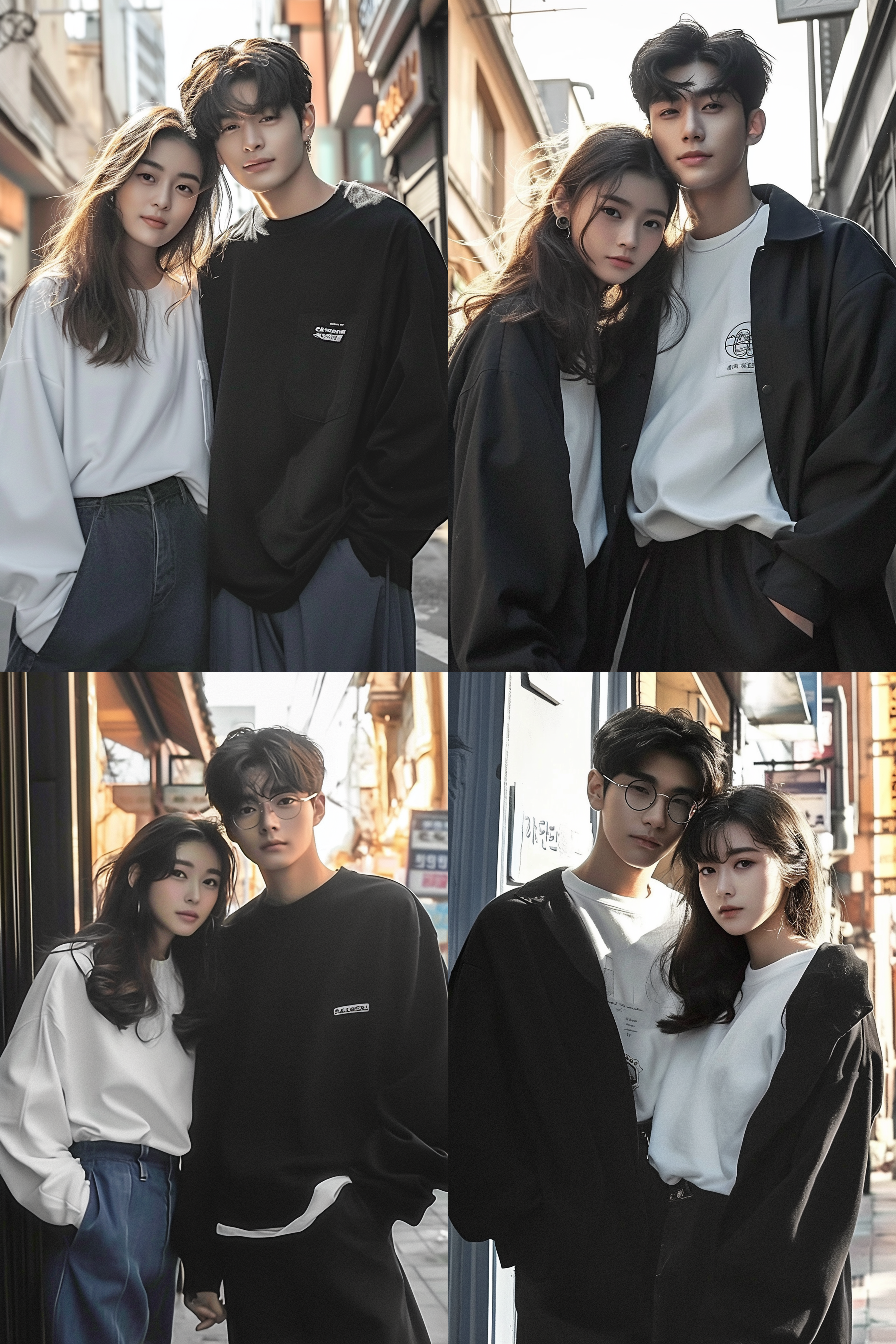 情侣酷帅穿搭，站在一起 城市街道，逆光拍摄，长焦镜头，复古风格，黑白色调，微笑，手牵手，自信。