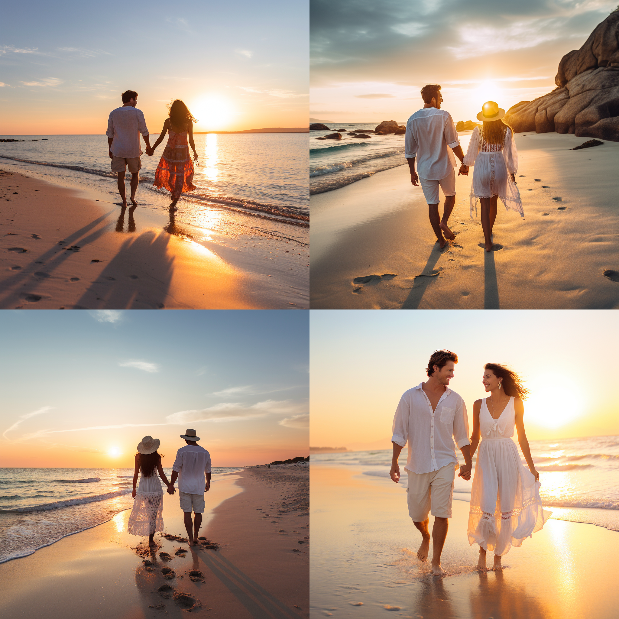 白色沙滩上，一对年轻情侣手牵手行走。他们身穿轻盈的夏季服装，微笑着看向远方的海洋。背景是蔚蓝的大海和金色的日落。构图采用对角线布局，使用广角镜头捕捉到宽广的海景。整体风格明亮、温暖，色彩鲜艳。表达了浪漫、快乐和自由的情感。 海滩，情侣，手牵手，夏季服装，微笑，海洋，蔚蓝，日落，对角线布局，广角镜头，明亮，温暖，鲜艳，浪漫，快乐，自由