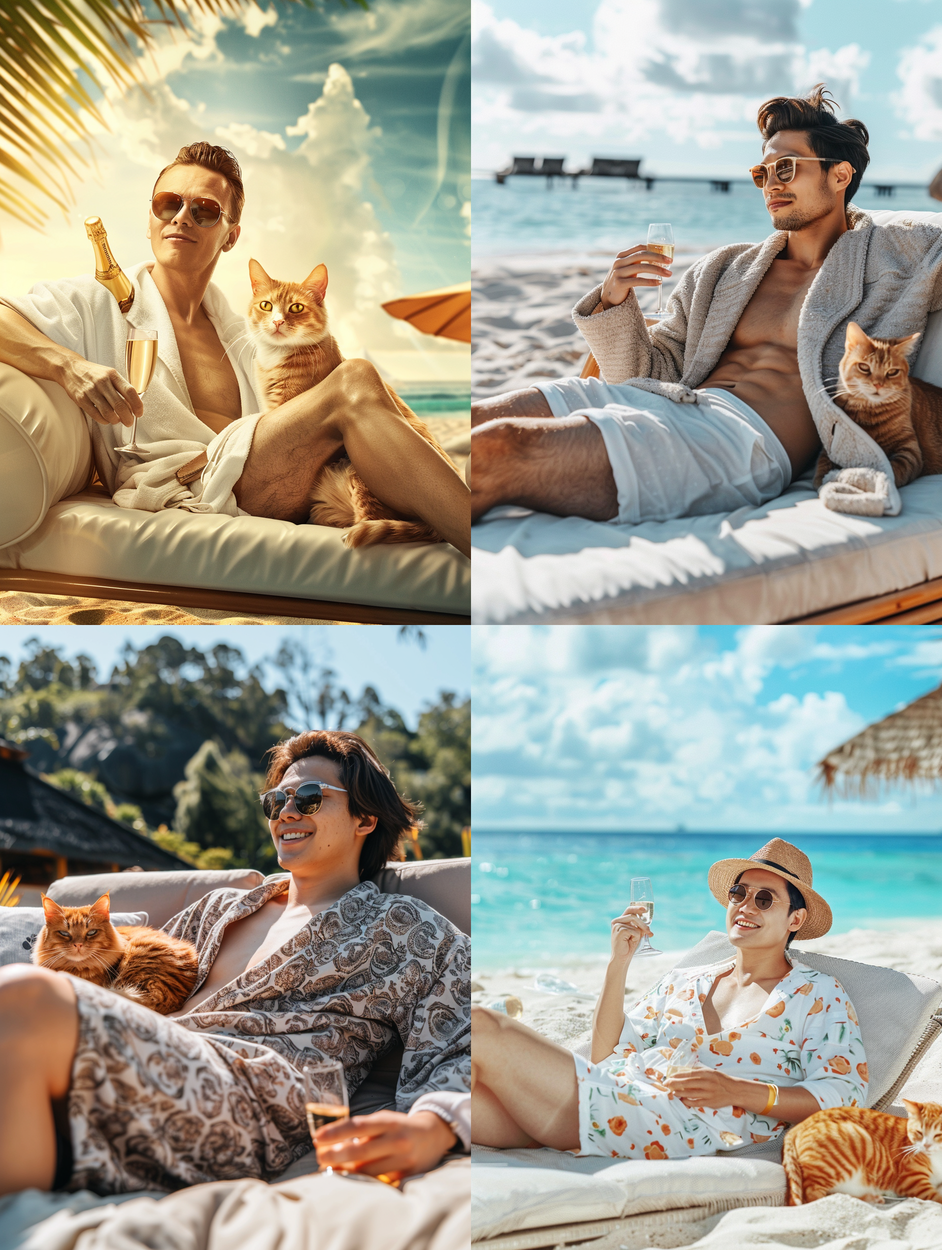 英俊的亚洲男人躺在海滩上宽敞的沙发里，穿着浴袍和短裤，肌肉，墨镜，拿着香槟，一只很胖的橘猫在他身边晒太阳，逼真的摄影风格，丰富细节