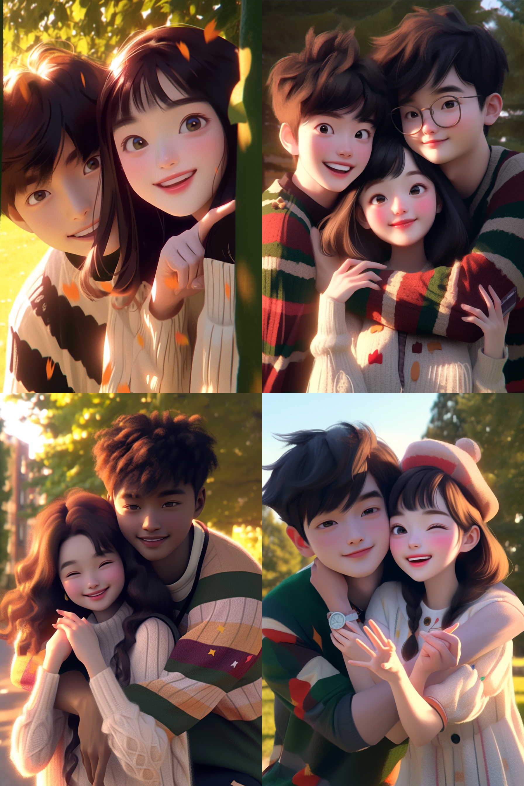 一对情侣，明亮的大眼睛，甜美的笑容，皮克斯风格，柔和的电影灯光，8k，辛烷渲染 