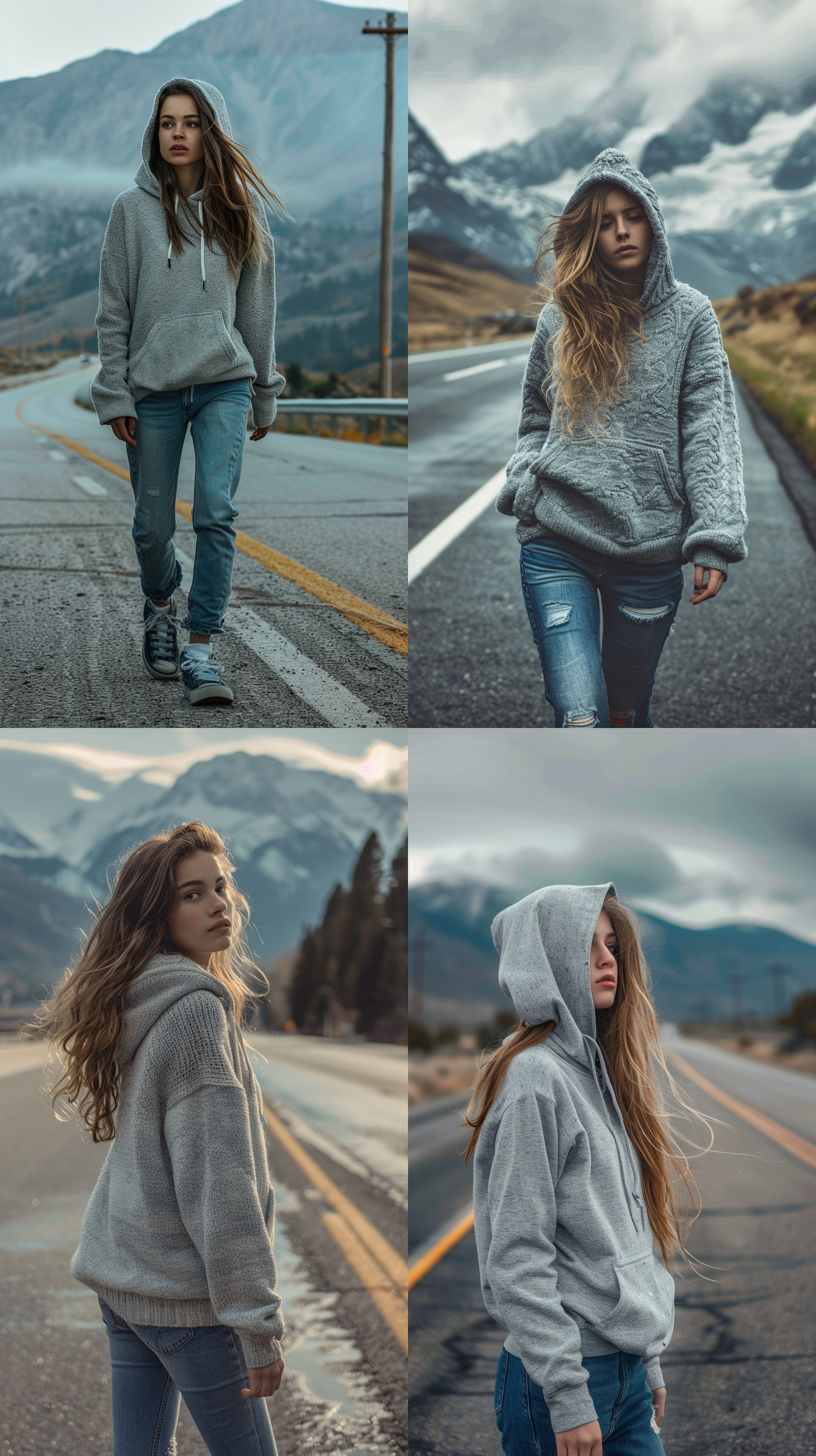 女孩探险，g315公路，侧面构图，长焦镜头，灰色连帽卫衣，蓝色牛仔裤，冷色调，山脉背景，自然光，行走，自然风情。 电影风格