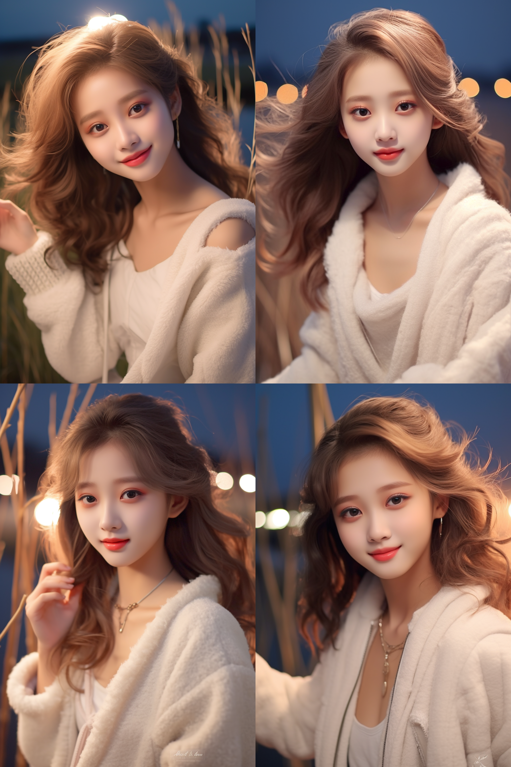 白皮草女孩，微笑，桥边，大气风格，长焦镜头，黄昏光线，优雅动作，自然风景，柔和色调，快门。