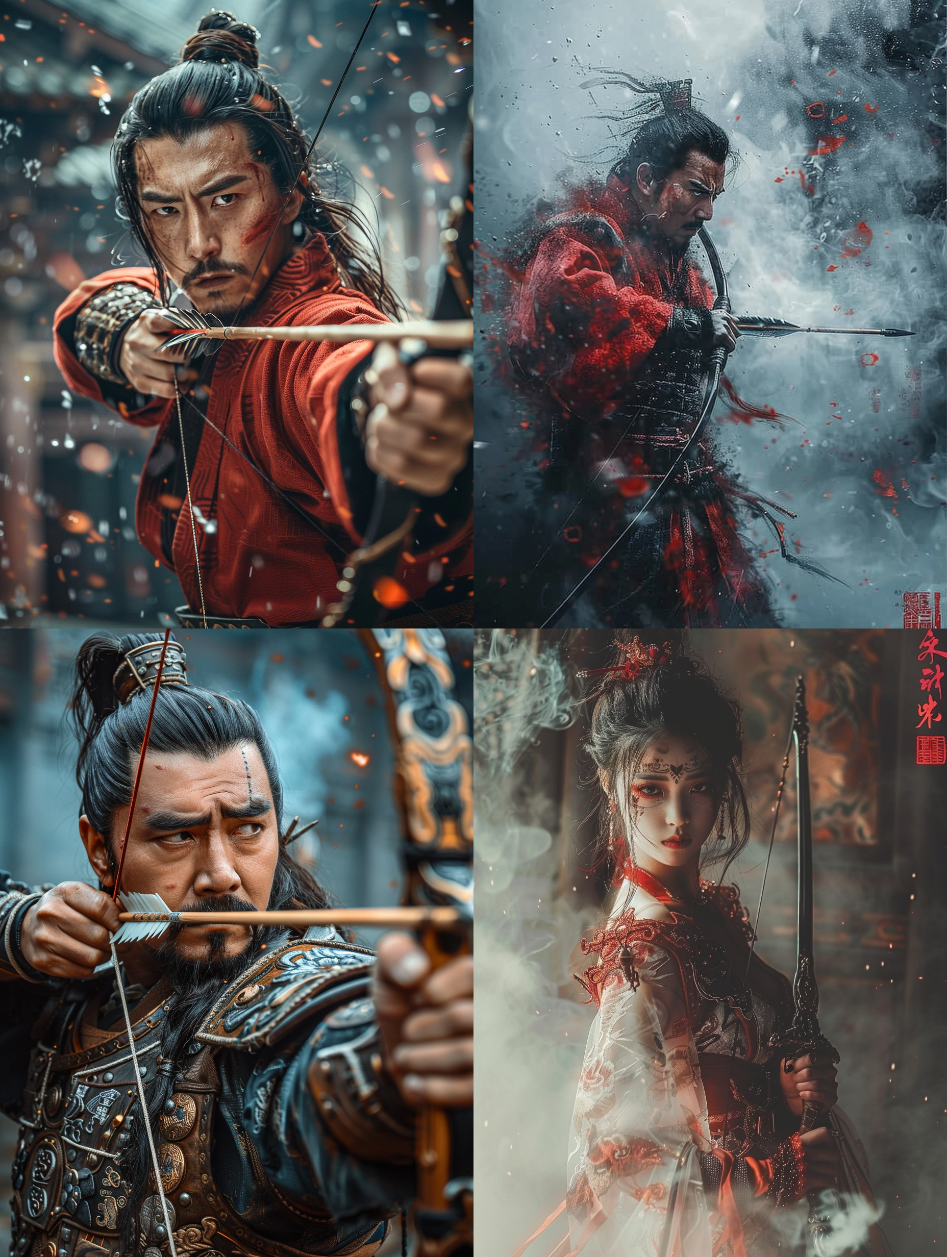 中国武术战争场景，插图风格，中国墨水风格。场景中有一位中国武士，手拿弓箭，身着传统装束，目光凌厉。背景是城墙，城墙上狼烟四起，电影光感，照片采用高对比度和逼真的照明和阴影，展现出动态、生动、充满活力的氛围。使用8k相机和广角镜头，概念艺术效果逼真。