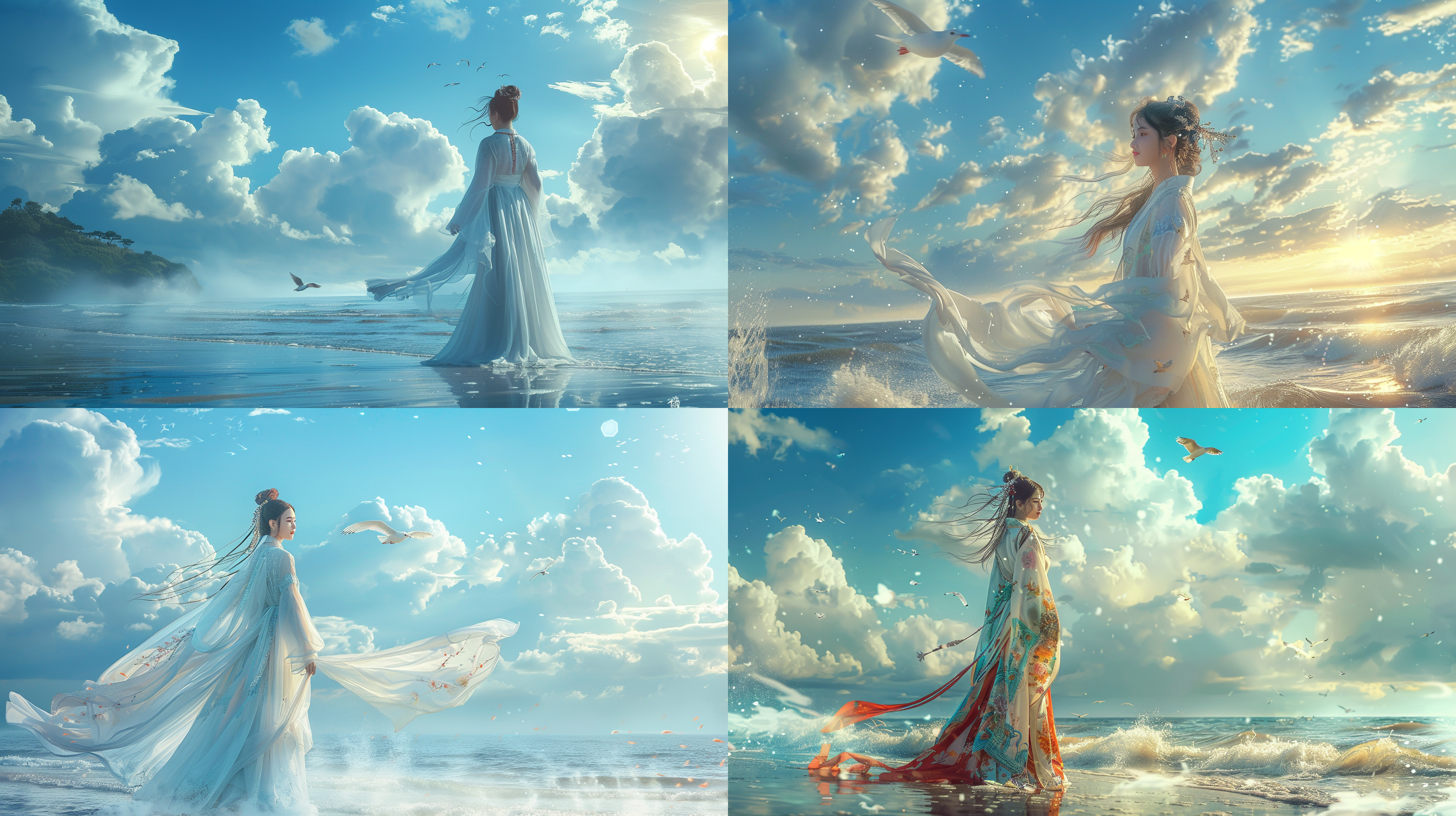 a beautiful woman in tang dynasty attire stands by the sea, a bird flying, simple, with a vast blue sky and white clouds, soft light shining on her side, carefree and lively, light and agile