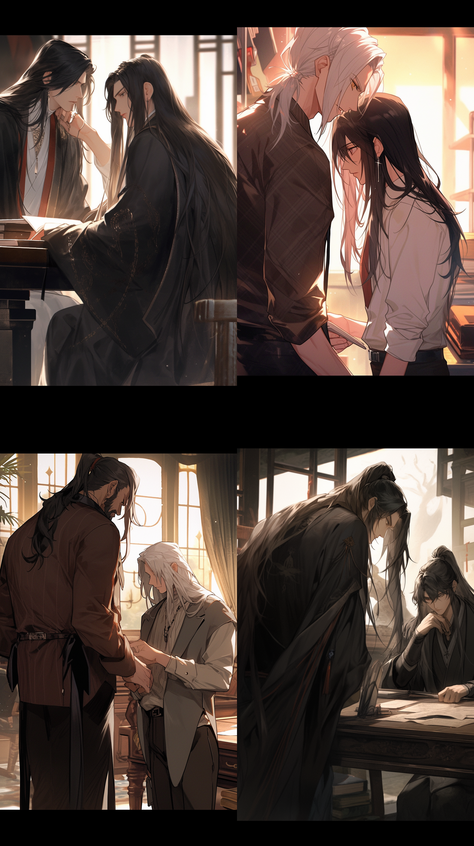 两男子对视，书房内，暖色调，厚涂风格，银色长发男人，黑发男人，柔情，高大，矮一些，对角线布局，侧光，情感交流。