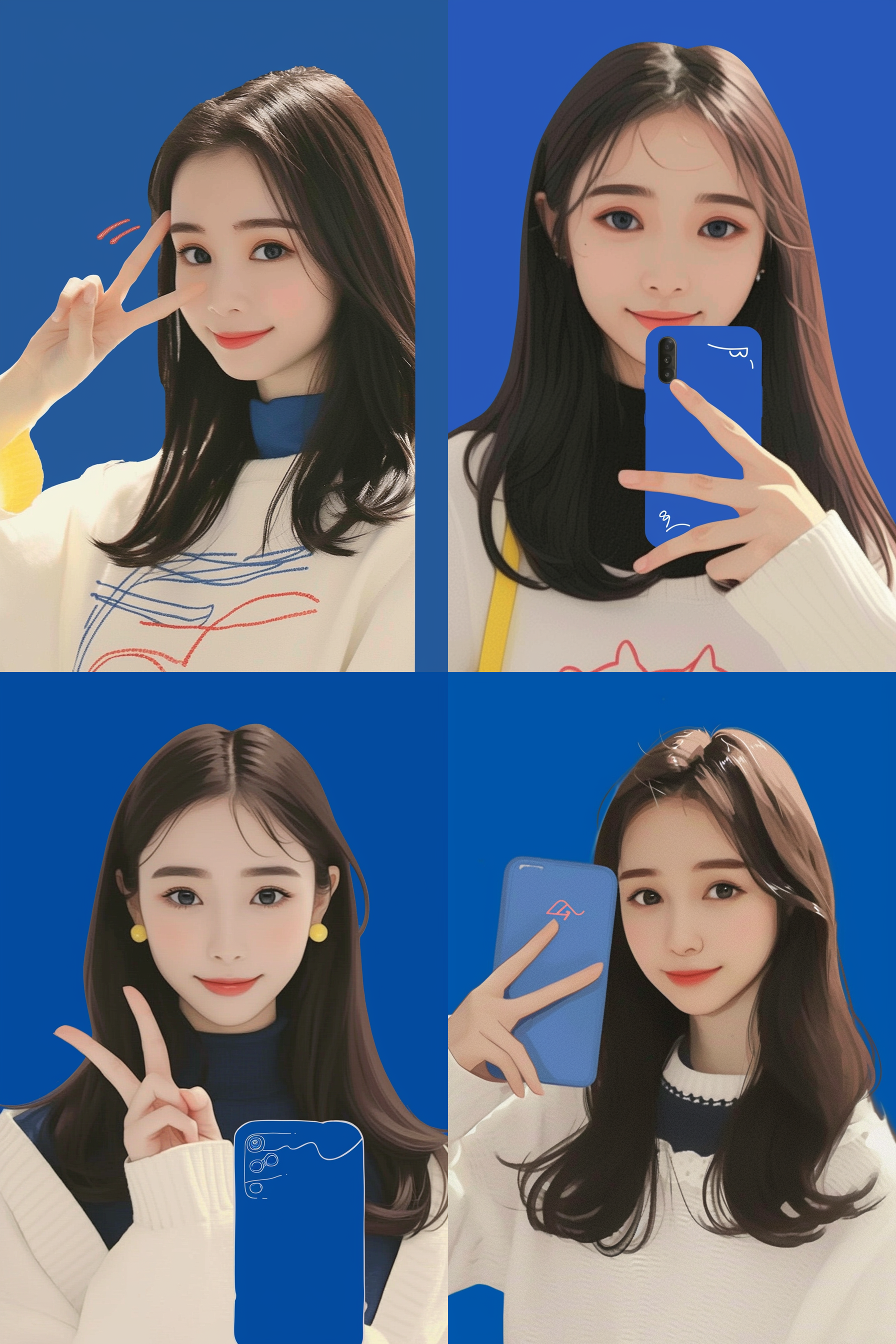 中国女孩肖像，黑发蓝眼睛，克莱因蓝背景，极简主义风格，抽象memphis墨菲斯风格，平面插图，矢量插图，极简扁平风，高清晰度，前景聚焦，色彩鲜明，自信微笑。