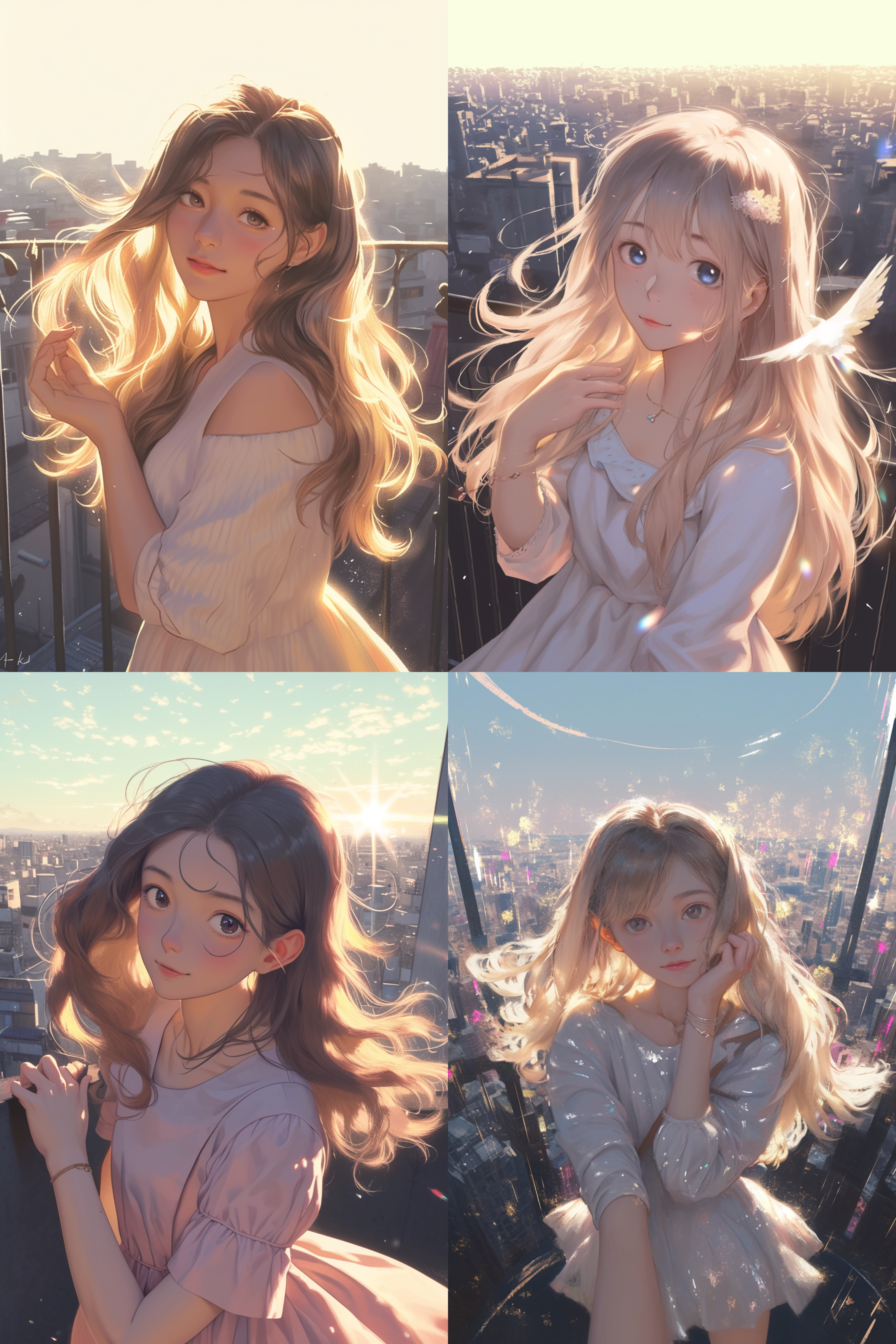 双子座少女，站在城市的屋顶上，背后是夕阳余晖。她身穿轻盈的连衣裙，长发随风飘扬。她微笑着，眼神充满了好奇和活力。广角镜头捕捉到了她与城市的对比，展现出她自由奔放的个性。明亮的色彩和柔和的光线营造出温暖而充满希望的氛围。