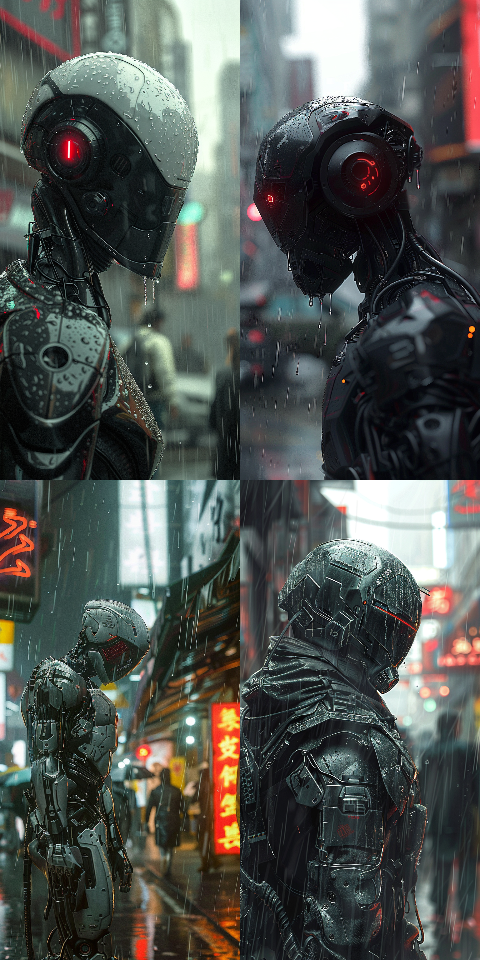 机器人2b对峙a2，赛博朋克街道，细雨纷飞，高清晰度，写实风格，钢铁色调，长焦镜头，侧光，战斗动作，冷峻表情，紧张氛围。