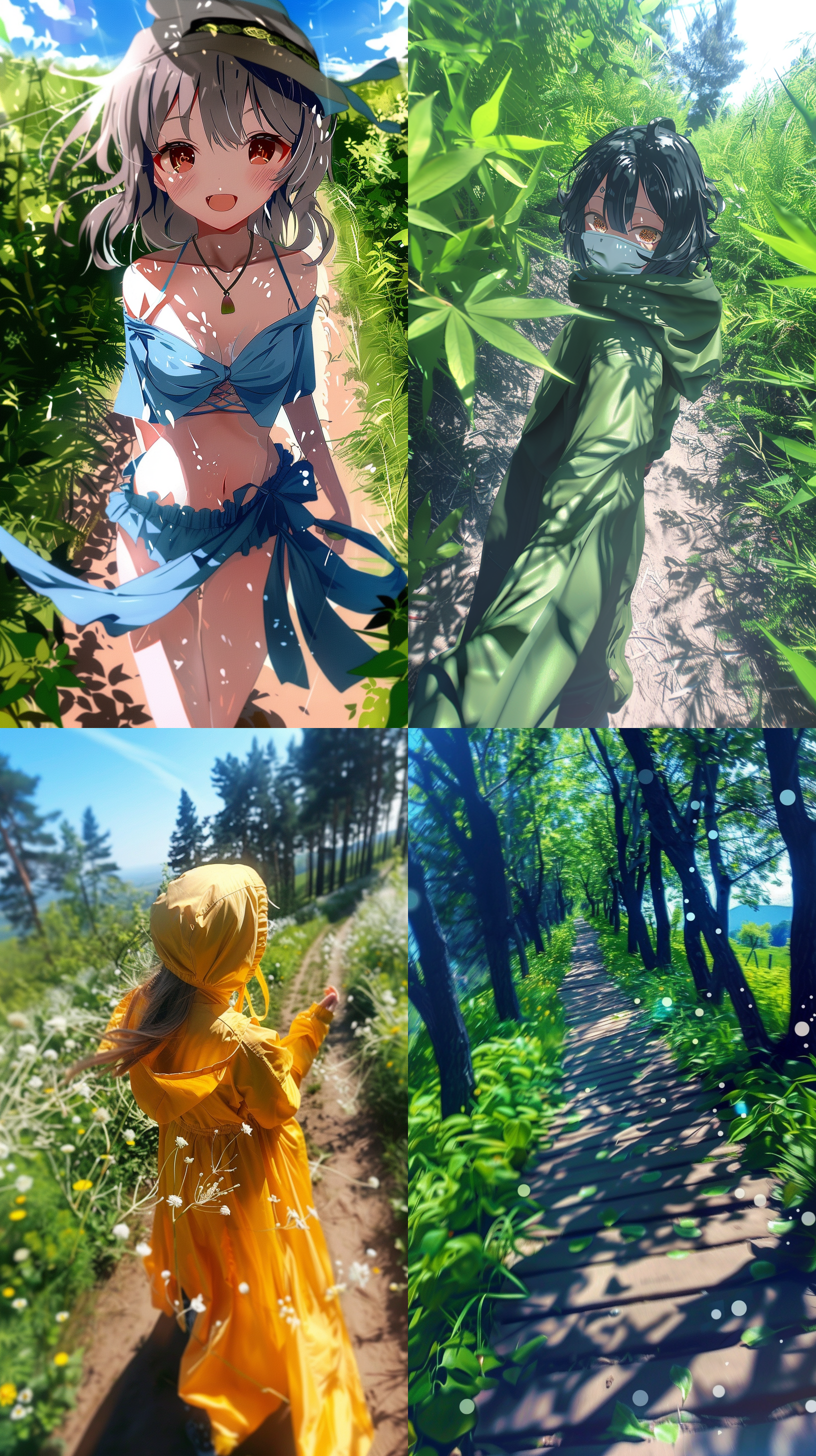 森林里漫步，清晨，太阳透过树叶洒下金色光芒，一条小径蜿蜒穿过茂密的树林，远处是一片青翠的草地和迷人的山脉。镜头使用广角镜头，呈现出广阔的视野和深度感。人物身着舒适的户外服装，面带微笑，正在享受大自然的美丽和宁静。自然，阳光，绿色，平静，放松。 油画