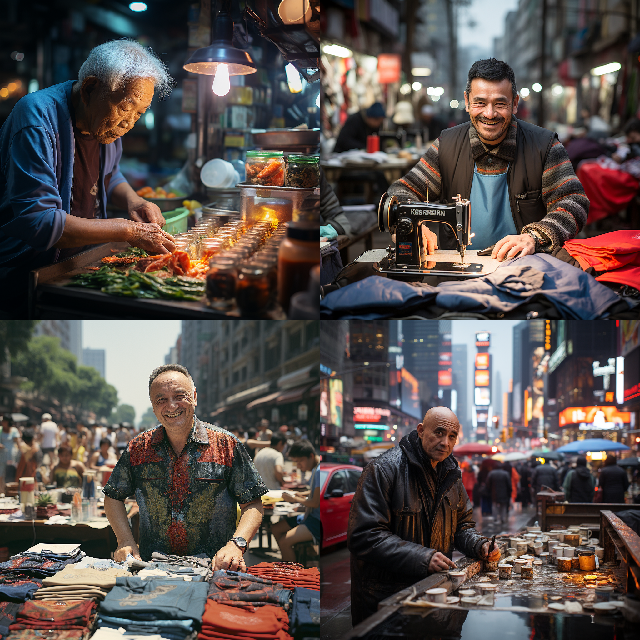 一位华人老年人在忙碌的街头摆摊，脸上带着坚毅的表情，背景是繁忙的城市景象。光线明亮，色彩鲜艳。镜头使用标准镜头，突出华人老年人的形象。快门速度适中，捕捉到他手忙脚乱的动作。奋斗，热情，努力，智慧，自豪。