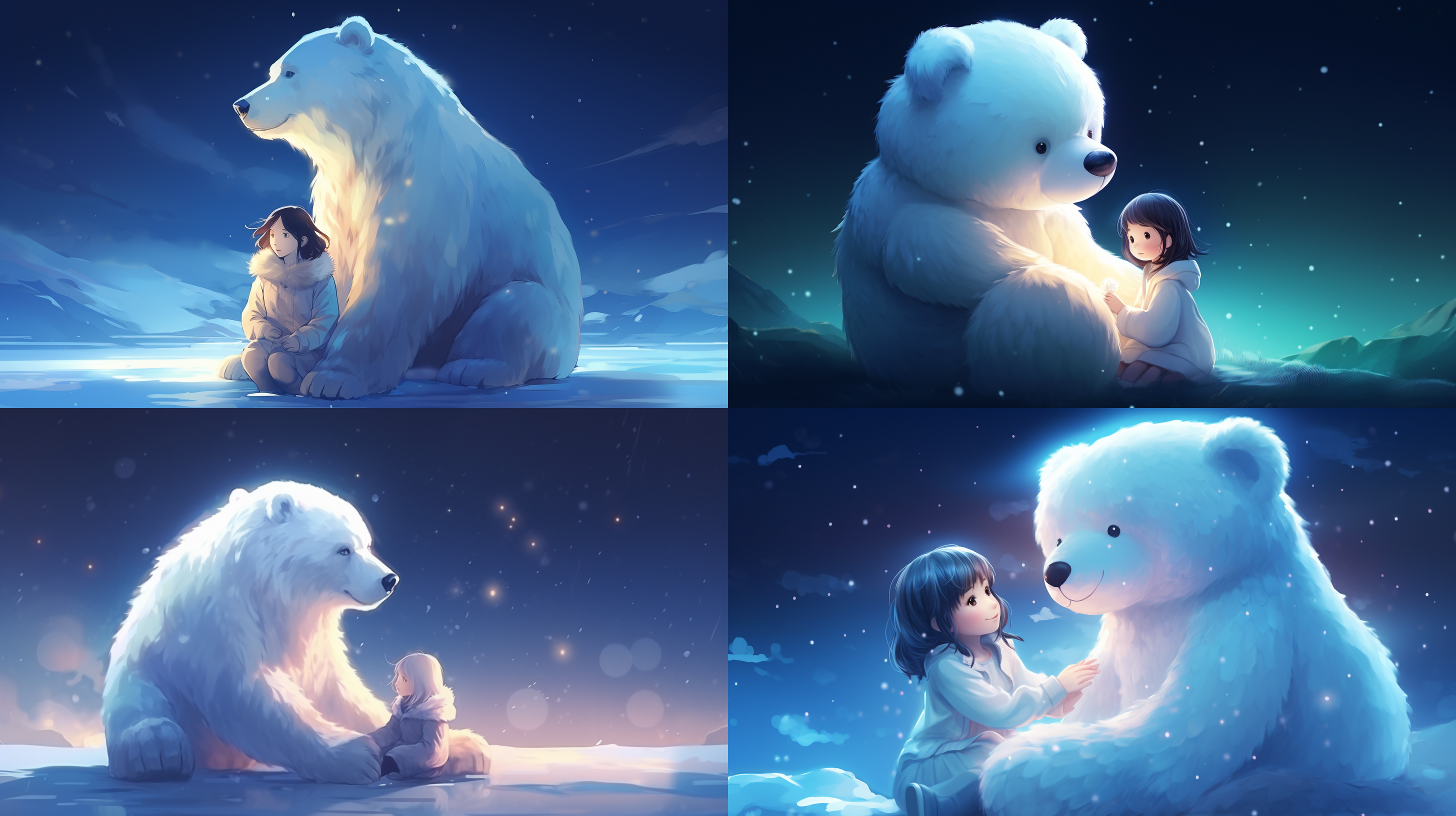 插画风格，白色的大熊抱着可爱的女孩，守护，夜空背景，超高品质，16k，温暖光，证明视角图