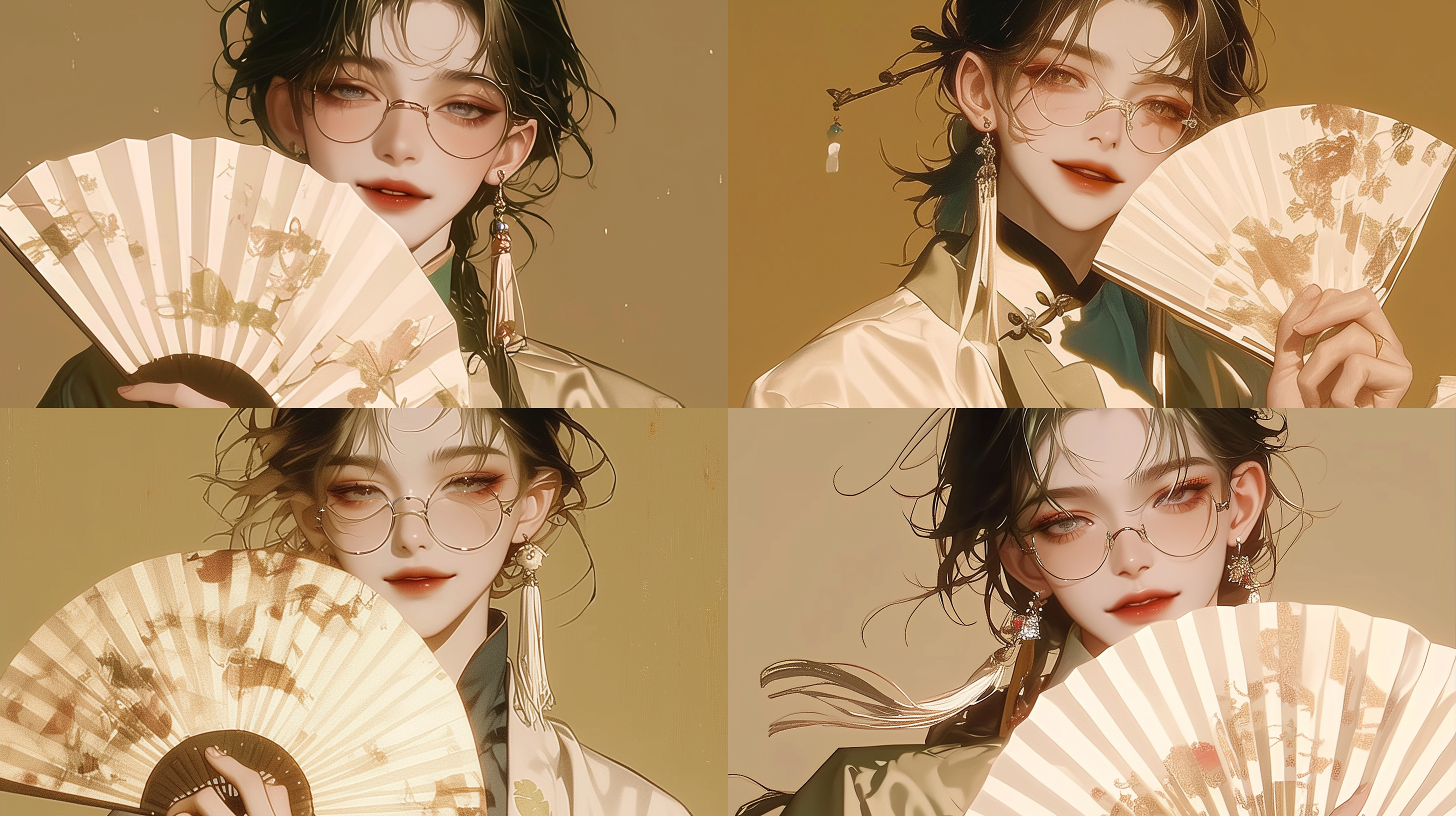 少年手里拿着折扇，带着眼镜，耳朵带着流苏，身穿汉服，中式服装，半身镜头，线条流畅，线条清晰，头顶完整，上方留有余量，身后是一个浅黄的背景，是一幅画，艾轩，幻想艺术。高对比度，暖色调，侧光，细节丰富，复古风格，油画效果，迷幻感，神秘