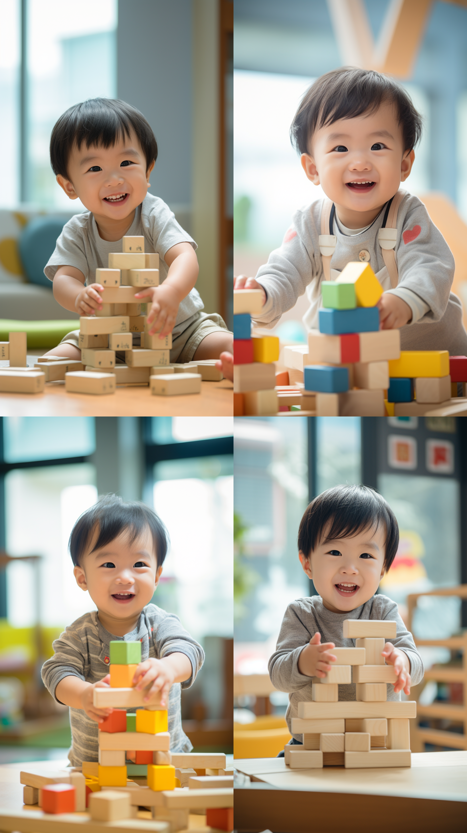 19～20个月的婴幼儿，中国儿童，突出这个月龄的特点，例如能够用7～8块积木搭高，好奇心和探索欲望强烈，会折纸，背景是在集体照护的室内婴儿中心。柔和色调，中焦镜头，自然光。