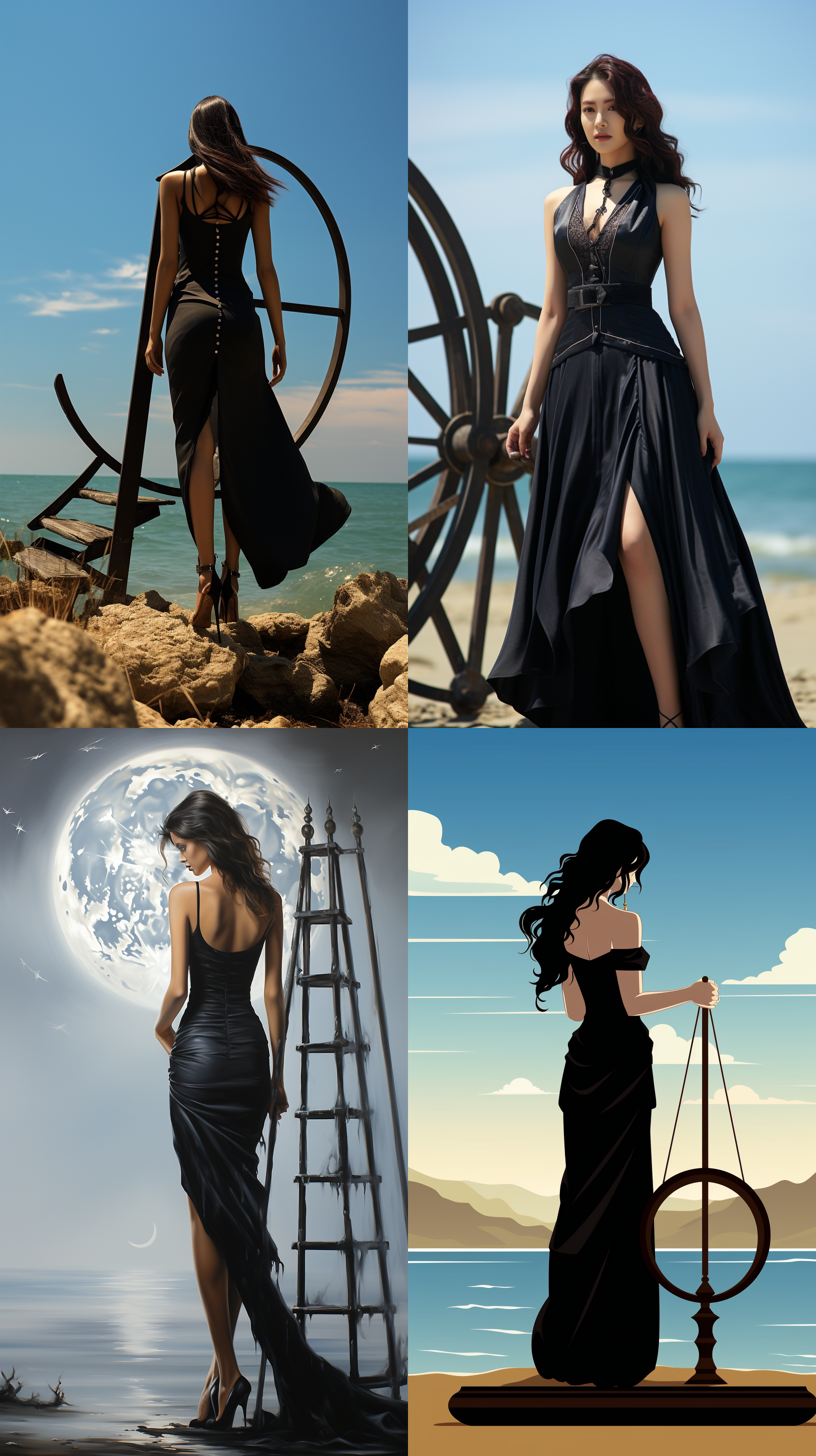 a woman in a black dress standing on a beach next to a ladder and a body of water in the background, hourglass slim figure, a statue, fan qi, aestheticism