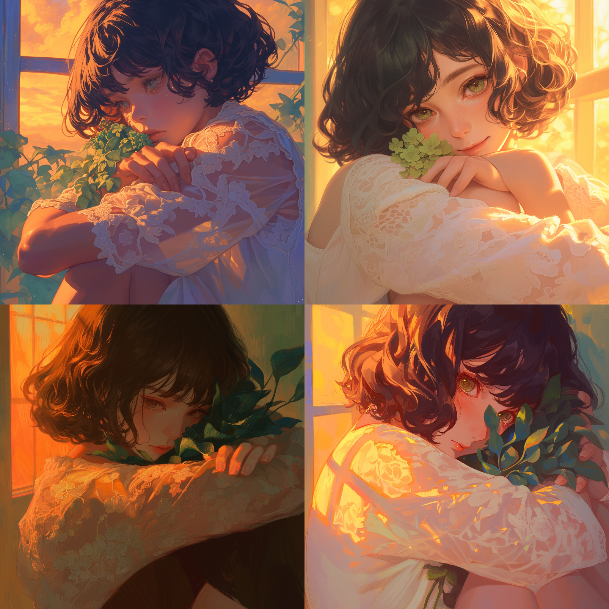 短发女孩夕阳依偎，窗外夕阳，室内环境，柔光，电影感，细节丰富，白平衡，50mm定焦镜头，暖色调，抱膝，思考，温暖，线条插画，近景，白色花边圆领，黑色卷发bob，水汪汪的大眼睛，皮肤光滑细腻，手里拿着绿色的花，用来遮挡眼睛，绿色，上半身特写，正面中心构图，全景模糊，32k，uhd，正确的人体解剖学，人体躯干学，张家界，莫奈油画 portrait, warm lighting, indoor setting, thoughtful expression, detailed illustration style, close-up, soft colors, holding green flower, cozy, cinematic, 50mm lens, sunset glow, emotional, black bob haircut, round white collar, green-eyed, smooth skin, monet painting vibe.