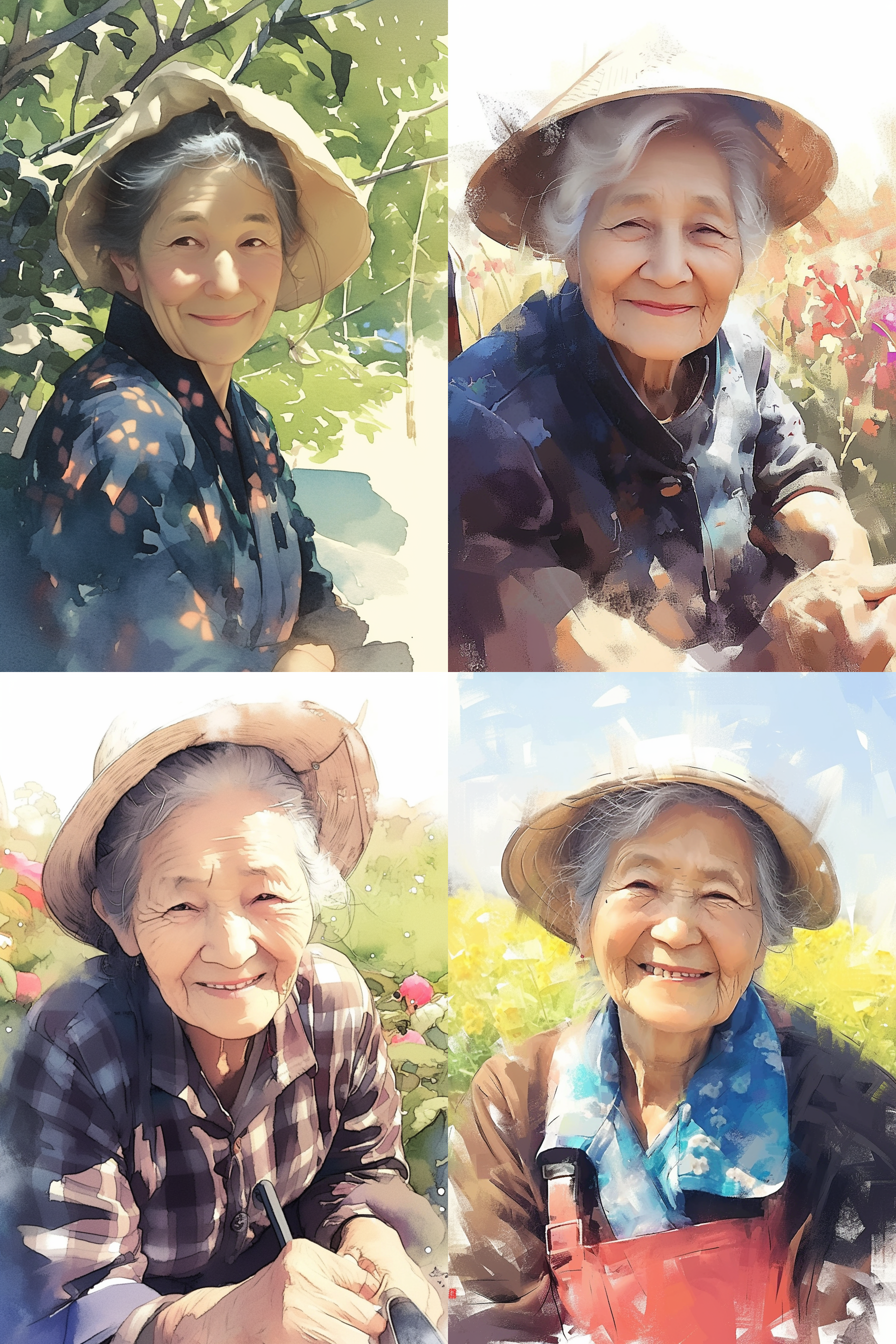 水彩风格老太太，慈祥微笑，花园中，朦胧色调，中焦镜头，自然光，静态，细节丰富，柔和色彩，温暖情感。