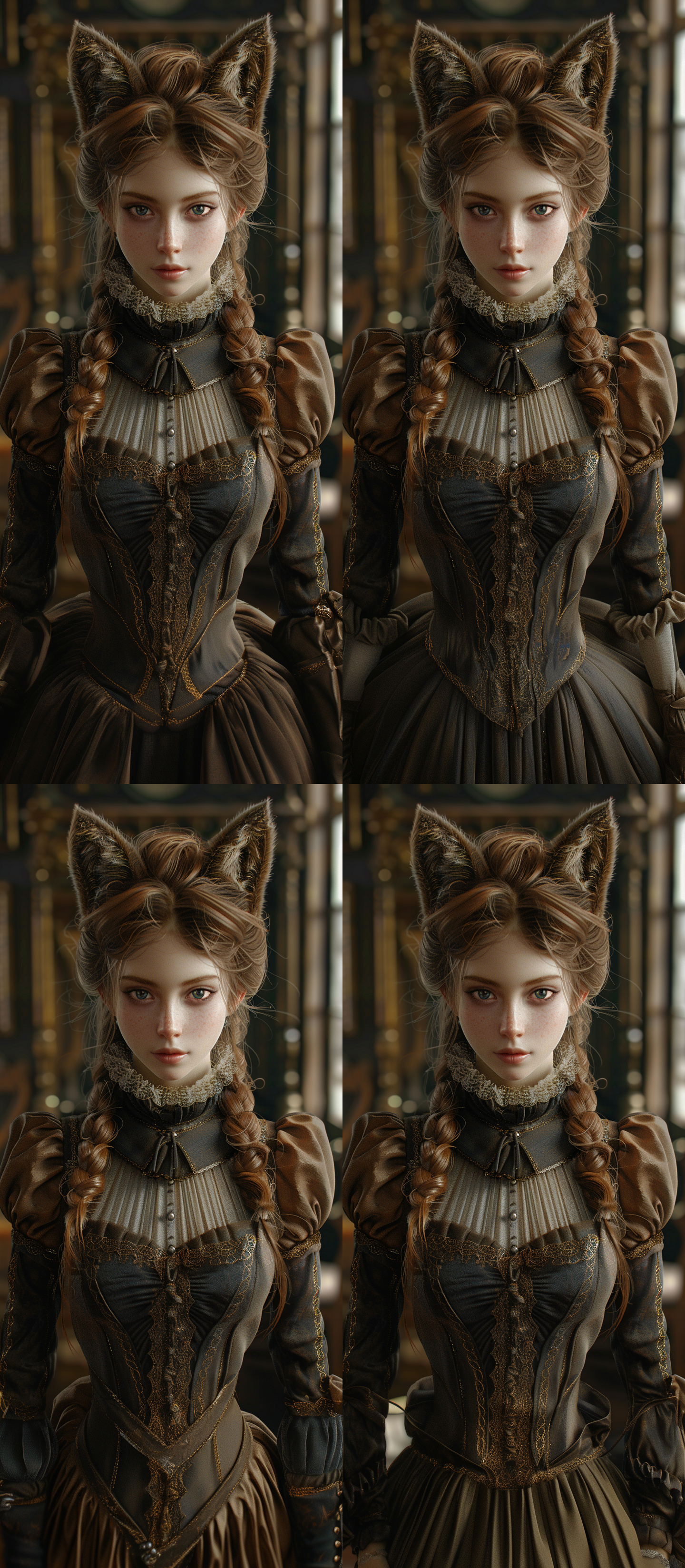 年轻的女士，柔和的面部，雪白的皮肤，狐狸耳朵，19世纪女装，栗色头发，4k，立姿，全身，复古街道 虚幻引擎