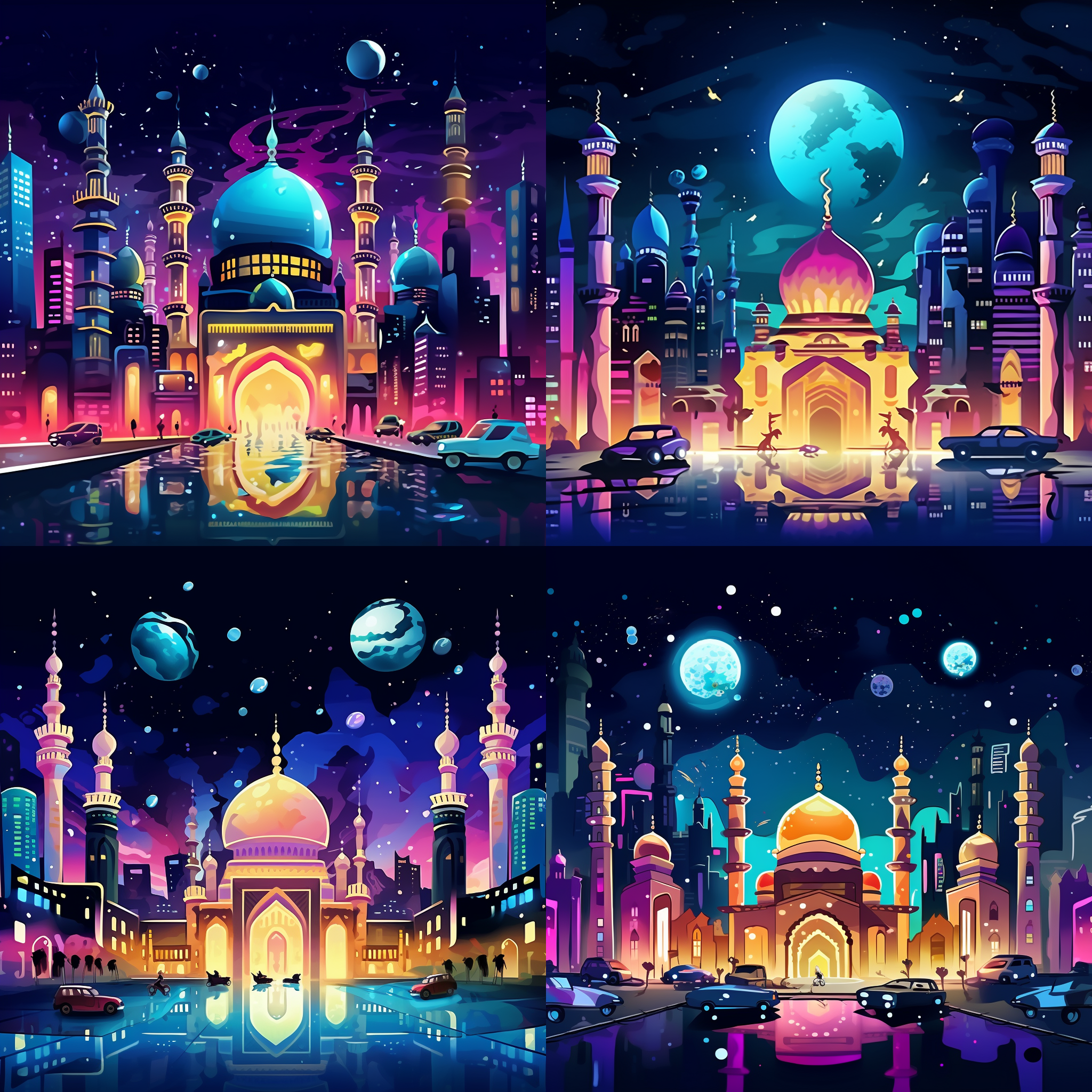 卡通风格城市夜景，繁华街道，霓虹灯光，高楼大厦，星空点缀，缤纷色彩，透视构图，宽广镜头，动感，兴奋。