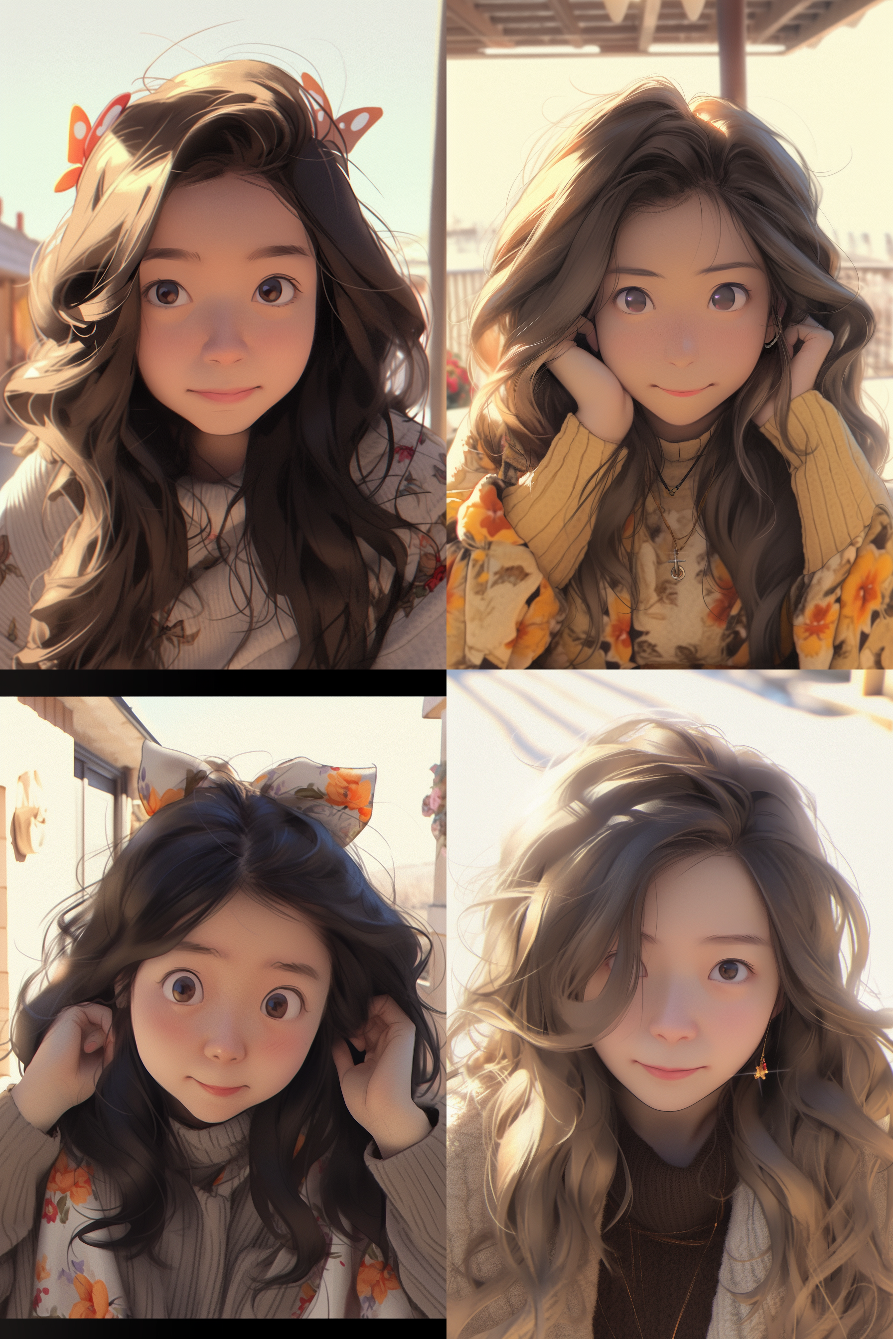 年轻女孩迪士尼动画风格，正面镜头，浪漫魅力，夸张写实面部特征，色彩丰富，柔和照明，细节丰富，温馨幸福，梦幻氛围。, 