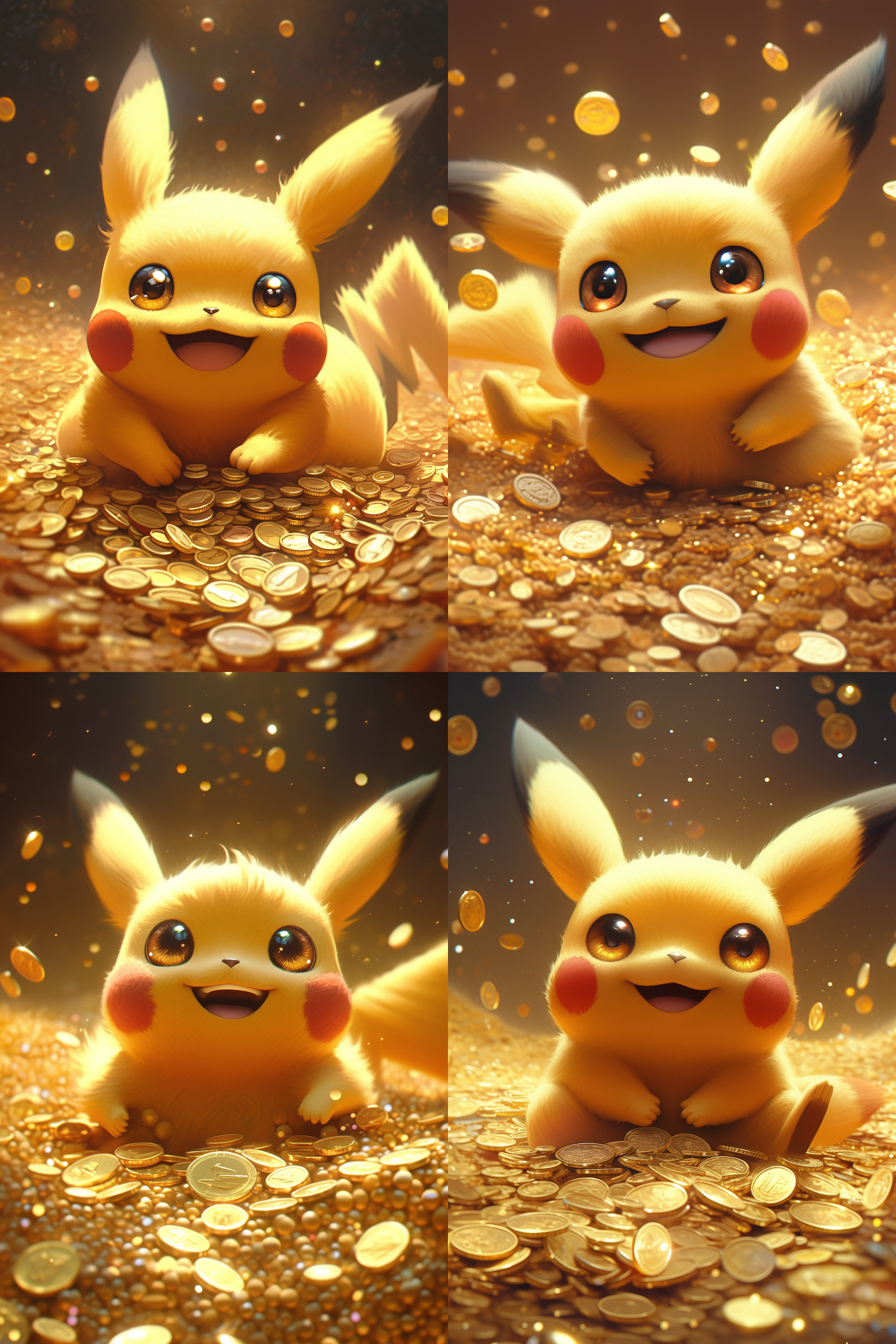可爱皮卡丘，被金币包围，暴富图，3d效果，饱满立体，明亮色彩，微笑表情，金光闪闪，透视感，镜头畸变，细节丰富，欢乐氛围。