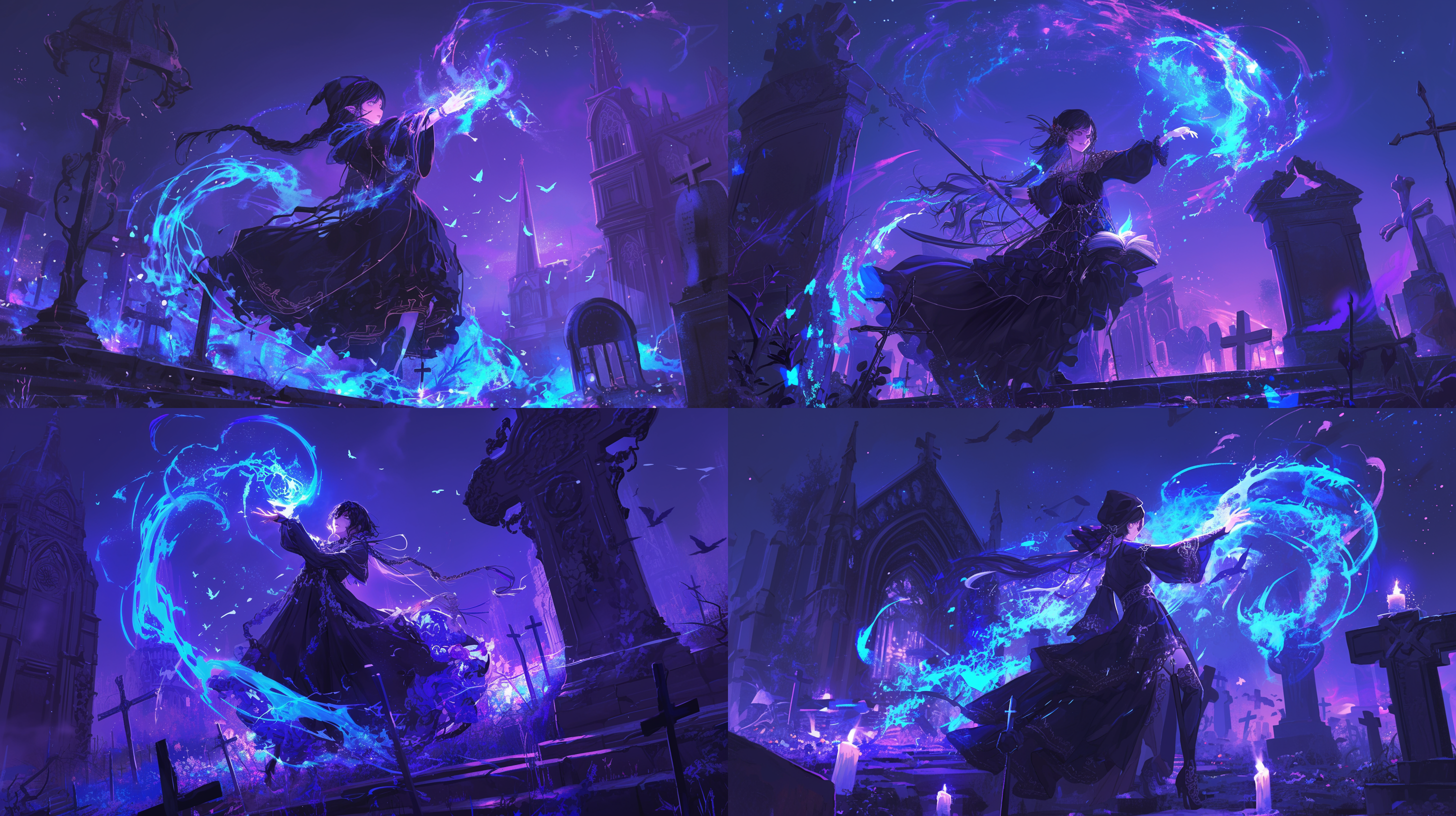 女死灵法师，朗诵着禁忌的诅咒，身后墓地爬出许多死灵，魔法能量展现，诅咒符号悬浮，细节丰富 ，墓地背景，夜晚