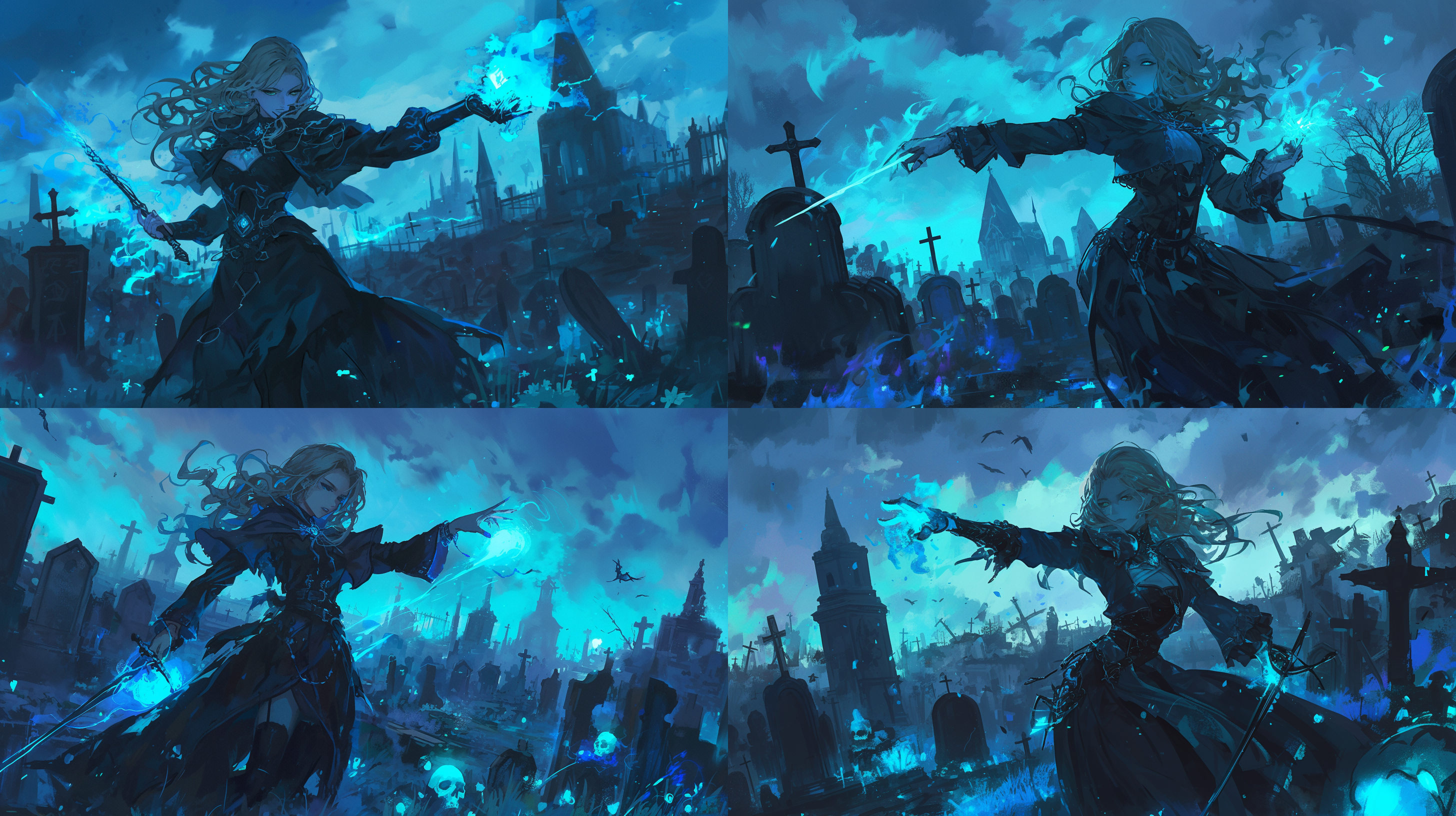 女死灵法师，朗诵着禁忌的诅咒，身后墓地爬出许多死灵，魔法能量展现，诅咒符号悬浮，细节丰富 ，墓地背景，夜晚