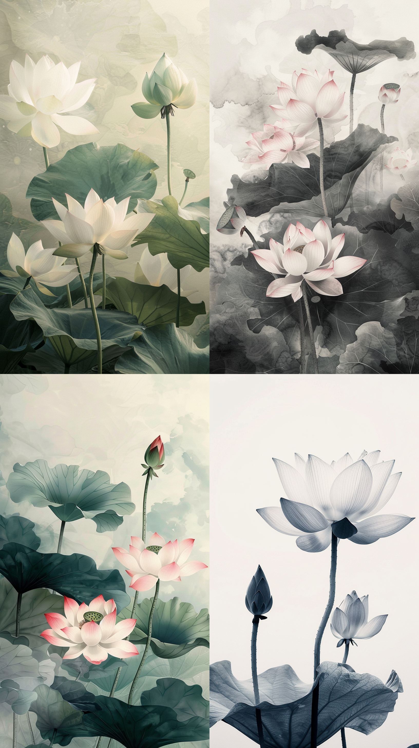 lotus flowers bloom, rendered in ink wash painting style, featuring a minimalist layout, a serene ambience, crisp details, sidelight backlighting, soft hues, delicate brushstrokes, graceful expansion, and an elegant and refined atmosphere.