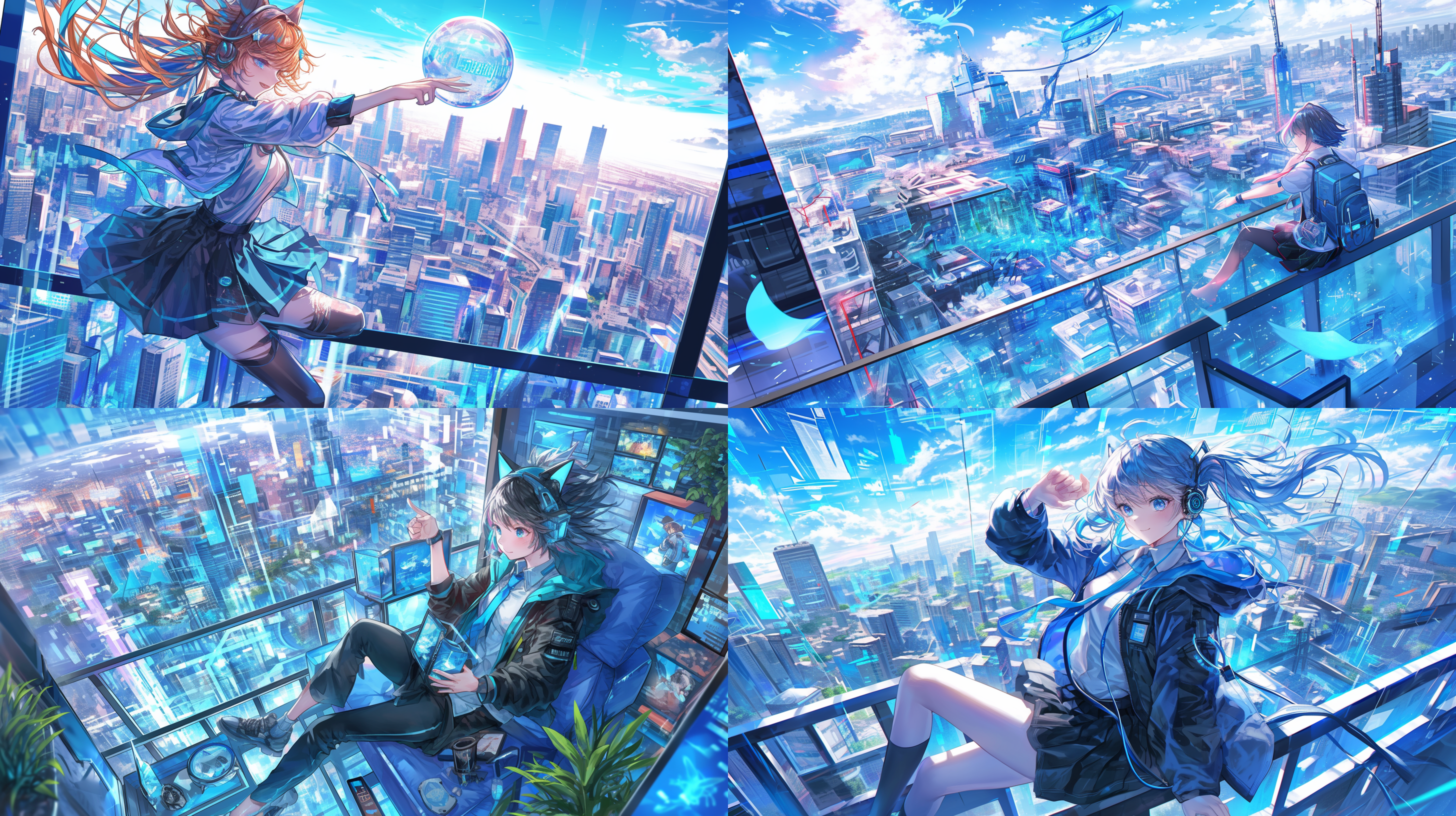 二次元插画，近未来设计，背景为纯净的琉璃，透视布局，45°，明亮的色彩，柔和的笔触