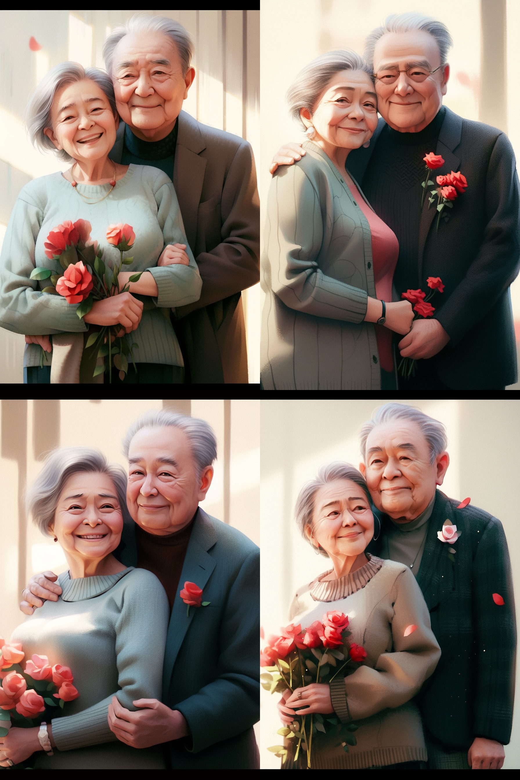 迪士尼动画人物, 皮克斯风格, 干净的背景, 人物看着镜头, 捕捉原始情感, 肉桂照明, 光线跟踪, 高细节, 3d渲染, 可爱风格, 一对老夫妻, 拿着玫瑰花。