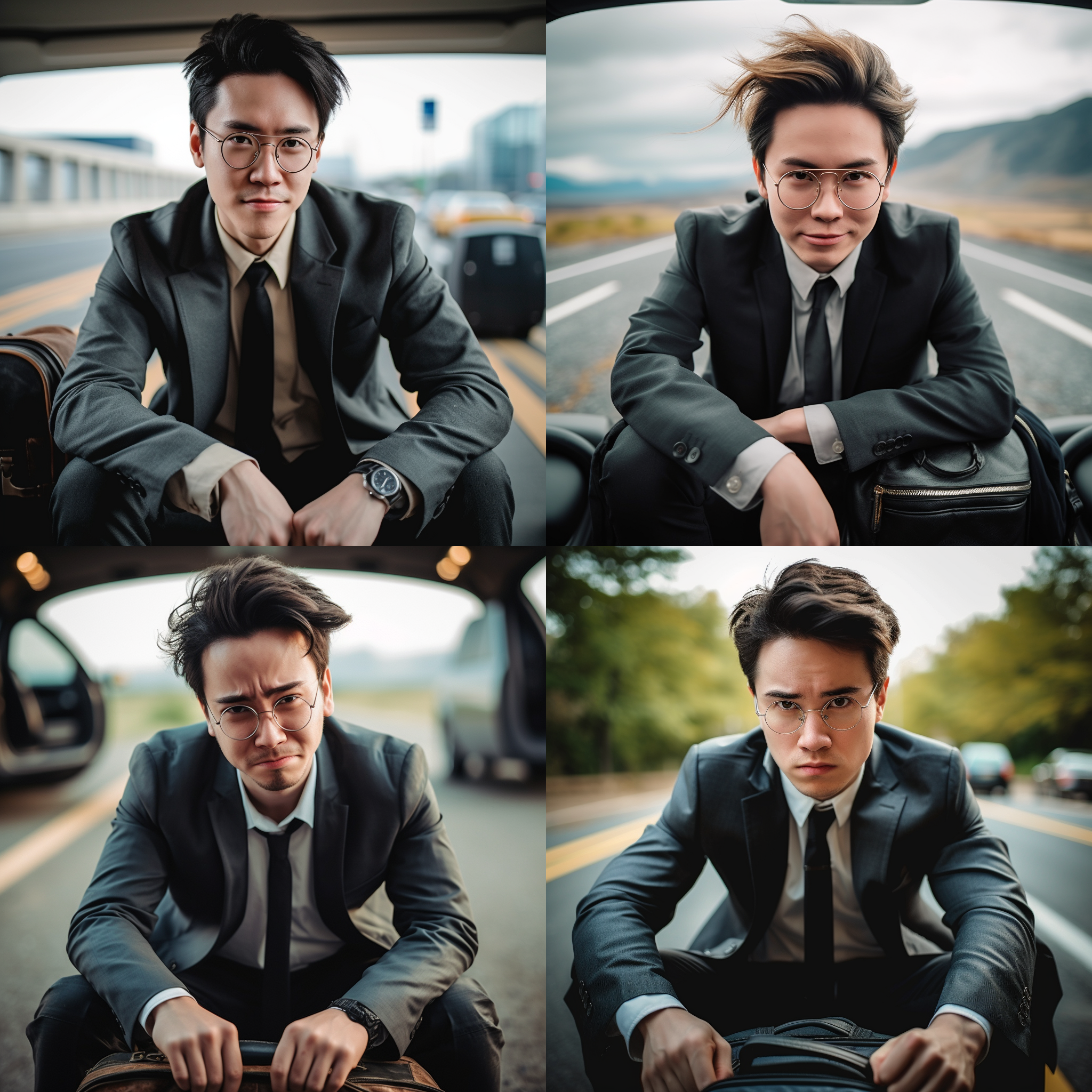 蹲地手扶行李，中焦镜头，抓拍，黑色外套，愉快，开心，中性色调 