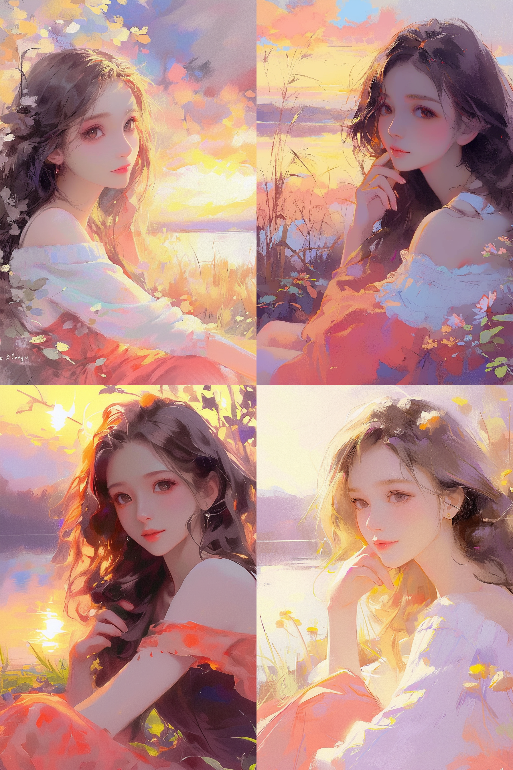 下，一位青年女子坐在湖边。她披着长发，穿着柔软的连衣裙，微笑着看着远处的日落。画面中的细节栩栩如生，每一笔都充满了艺术感。色彩鲜艳，充满活力。