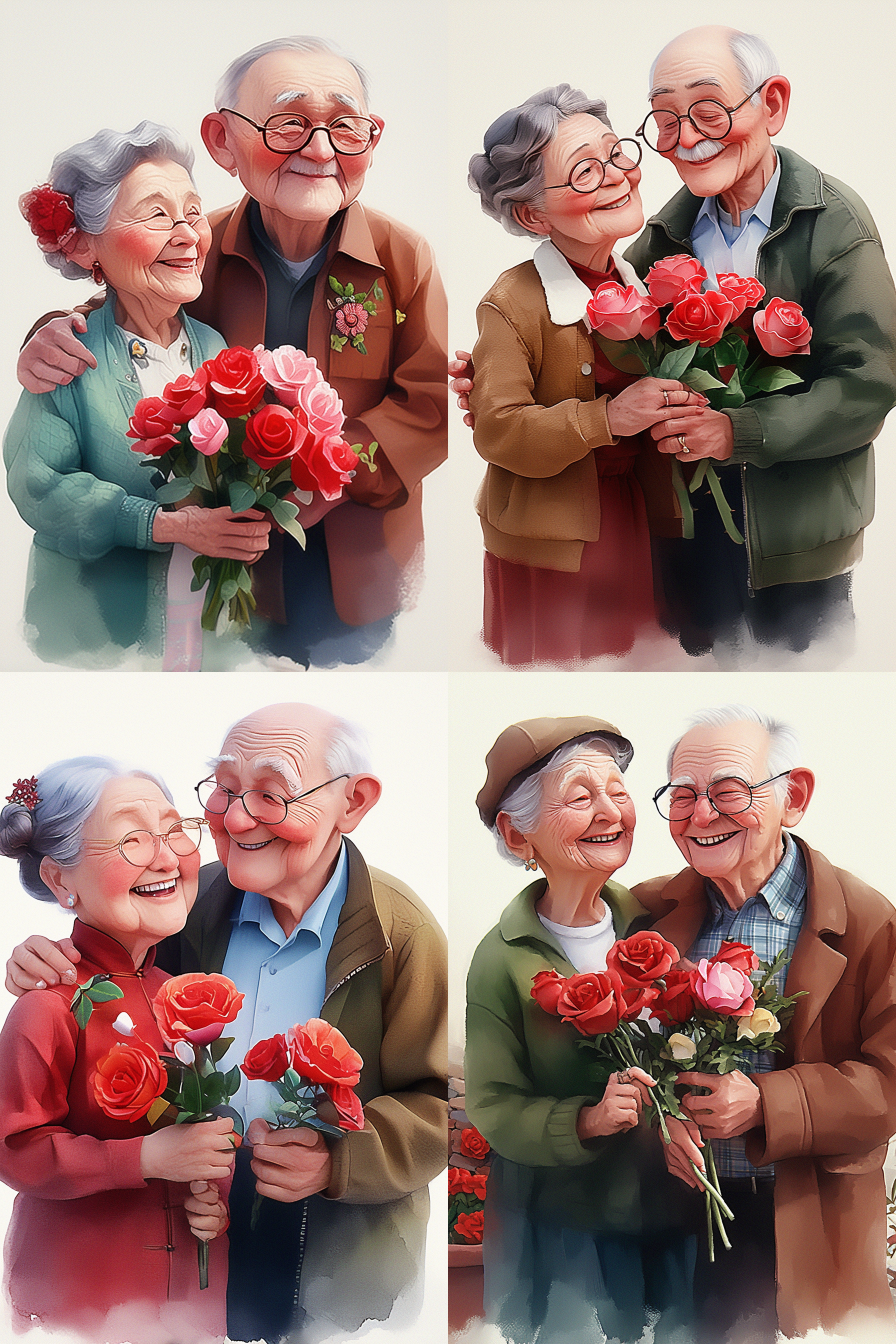 一对中国老夫妻手拿鲜花，超级波普风格，微笑甜美，8k柔焦，迪士尼皮克斯风格，干净背景，肉桂照明，光线跟踪，高细节，3d渲染，可爱风格。
