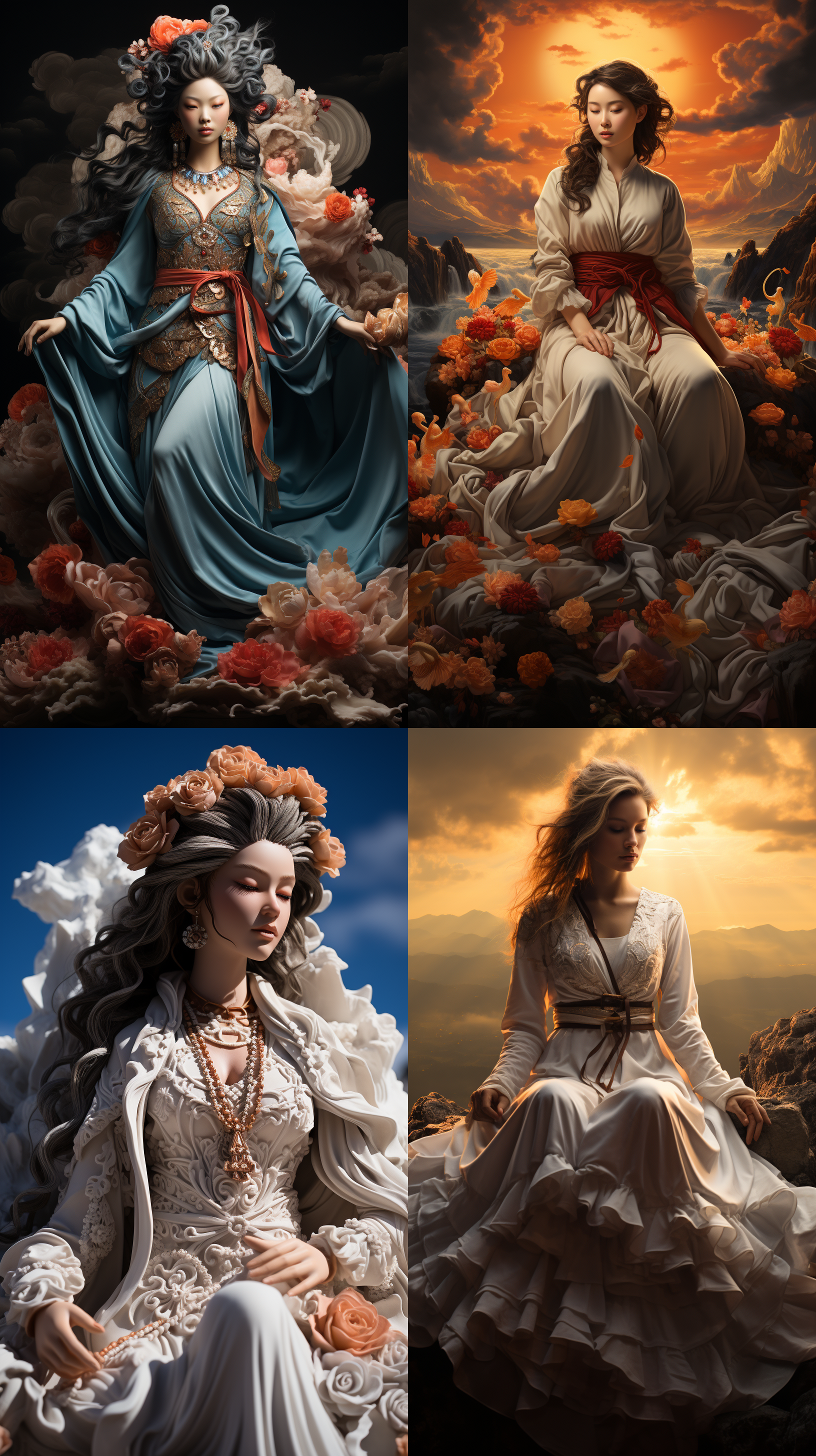 18岁小姑娘扮演观音菩萨，山顶日出，云雾缭绕，唐卡风格，长袖长裙，慈祥微笑，手持莲花，金色光辉，虔诚祈祷，柔和色调，正面视角。虚幻引擎