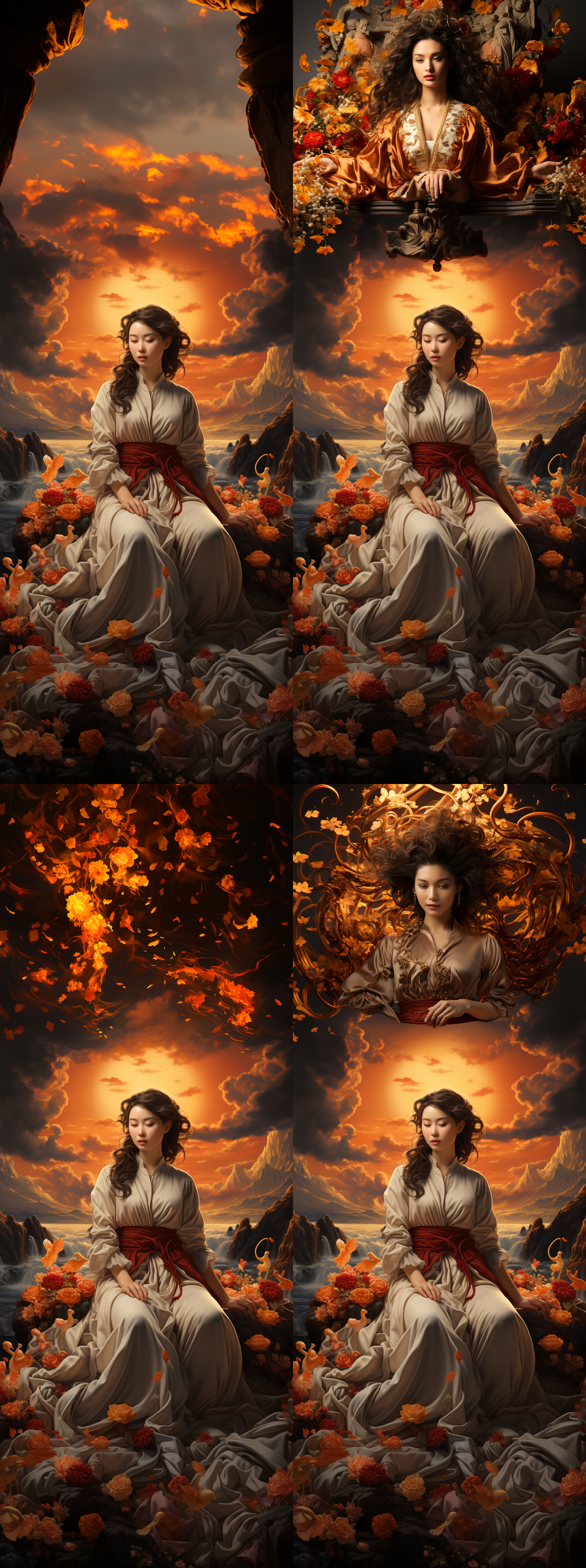 18岁小姑娘扮演观音菩萨，山顶日出，云雾缭绕，唐卡风格，长袖长裙，慈祥微笑，手持莲花，金色光辉，虔诚祈祷，柔和色调，正面视角。虚幻引擎