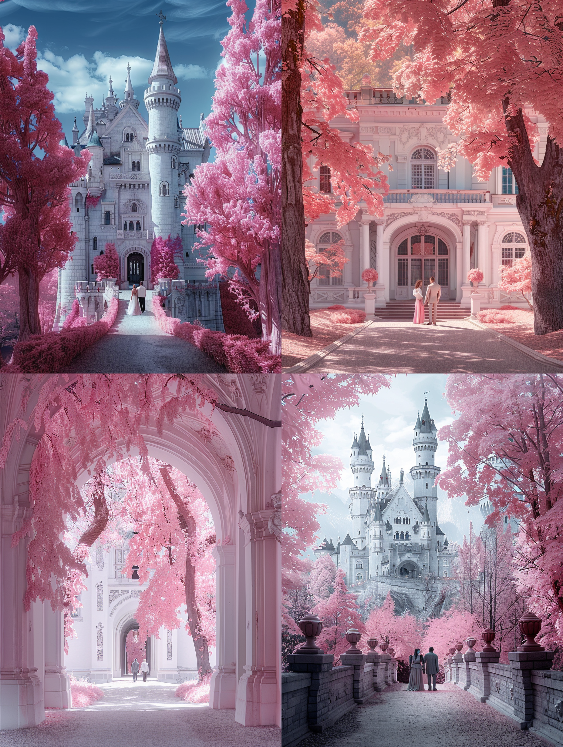 风景摄影，在一座白色的城堡前站着一对男女，有粉红色的树，通往城堡入口的走道，长焦镜头，阿德里安·津格，魔幻现实主义，柔和的光线，超高清画质