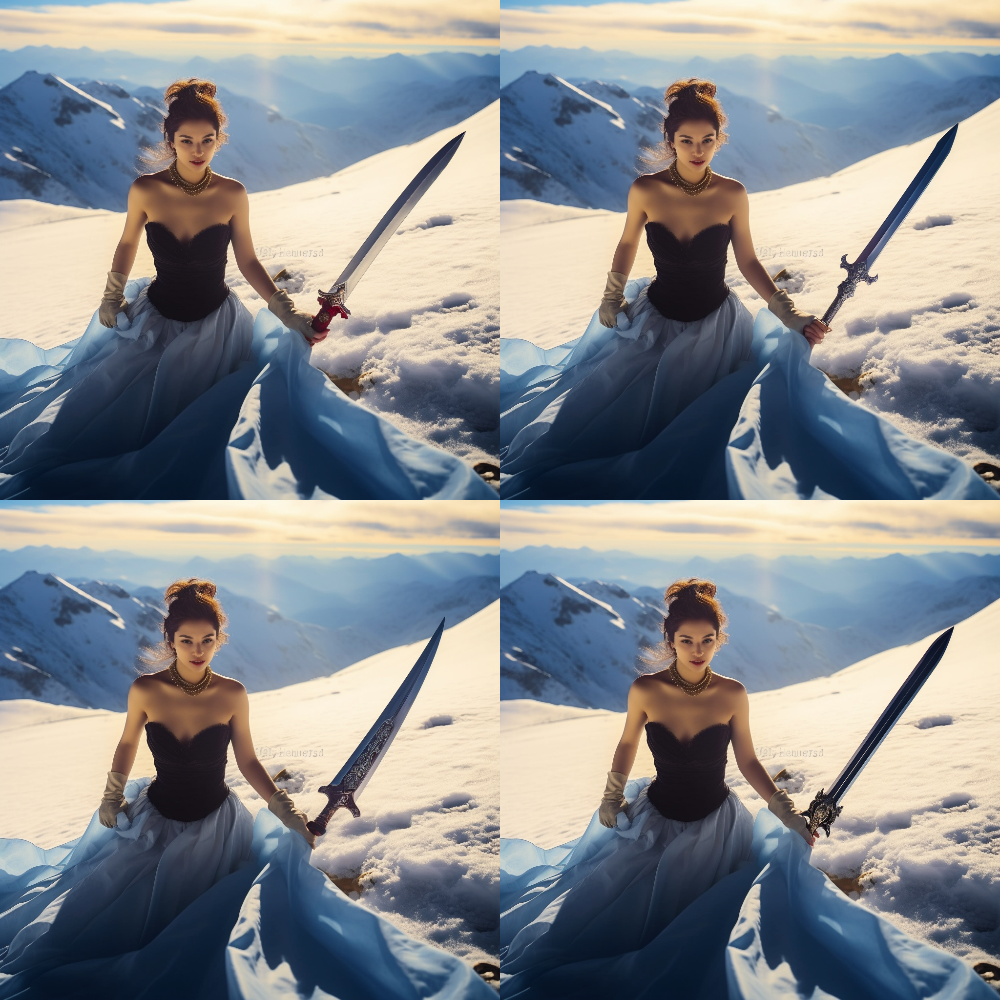 女孩登雪山，垂直构图，雪山背景，晚礼服，微笑面容，长发飘逸，寒冷环境，远景，中焦镜头，自然光，缓慢动作，优雅，蓝白色调，兴奋。