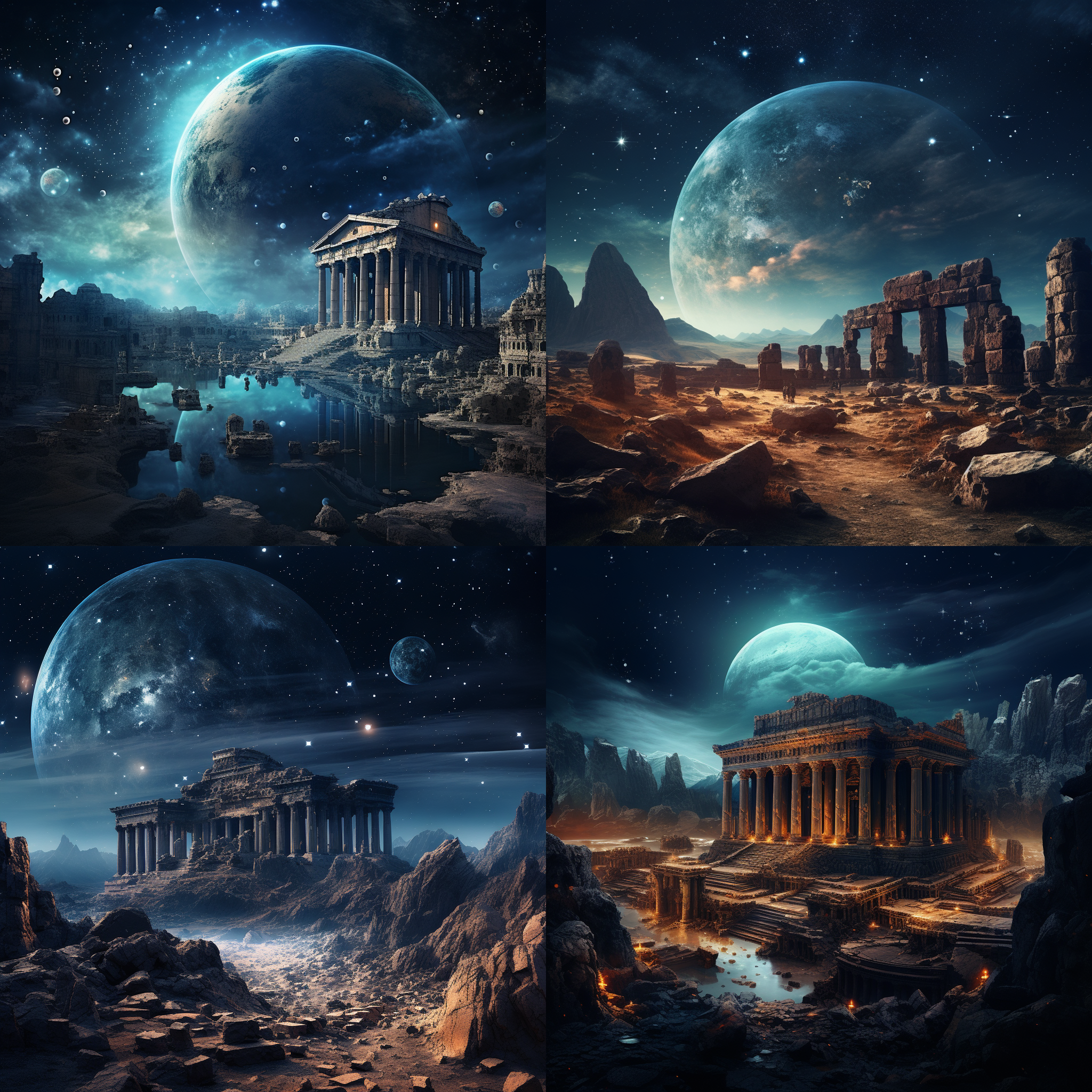 巨型行星星空下的历史遗迹，宏伟古迹，星空背景，夜晚，长焦镜头，星轨，神秘氛围，壮观光影，古老建筑，星云色调，安静肃穆。