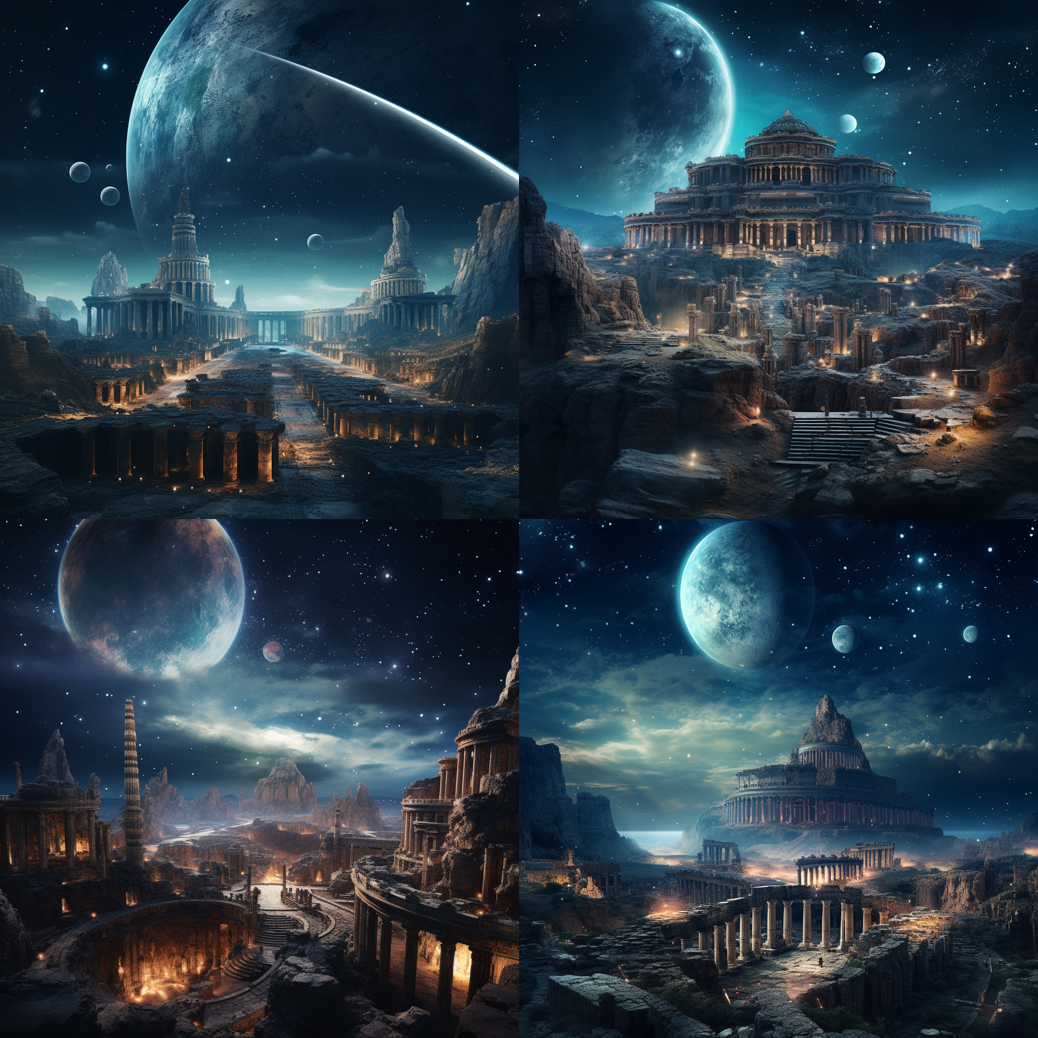 巨型行星星空下的历史遗迹，宏伟古迹，星空背景，夜晚，长焦镜头，星轨，神秘氛围，壮观光影，古老建筑，星云色调，安静肃穆。