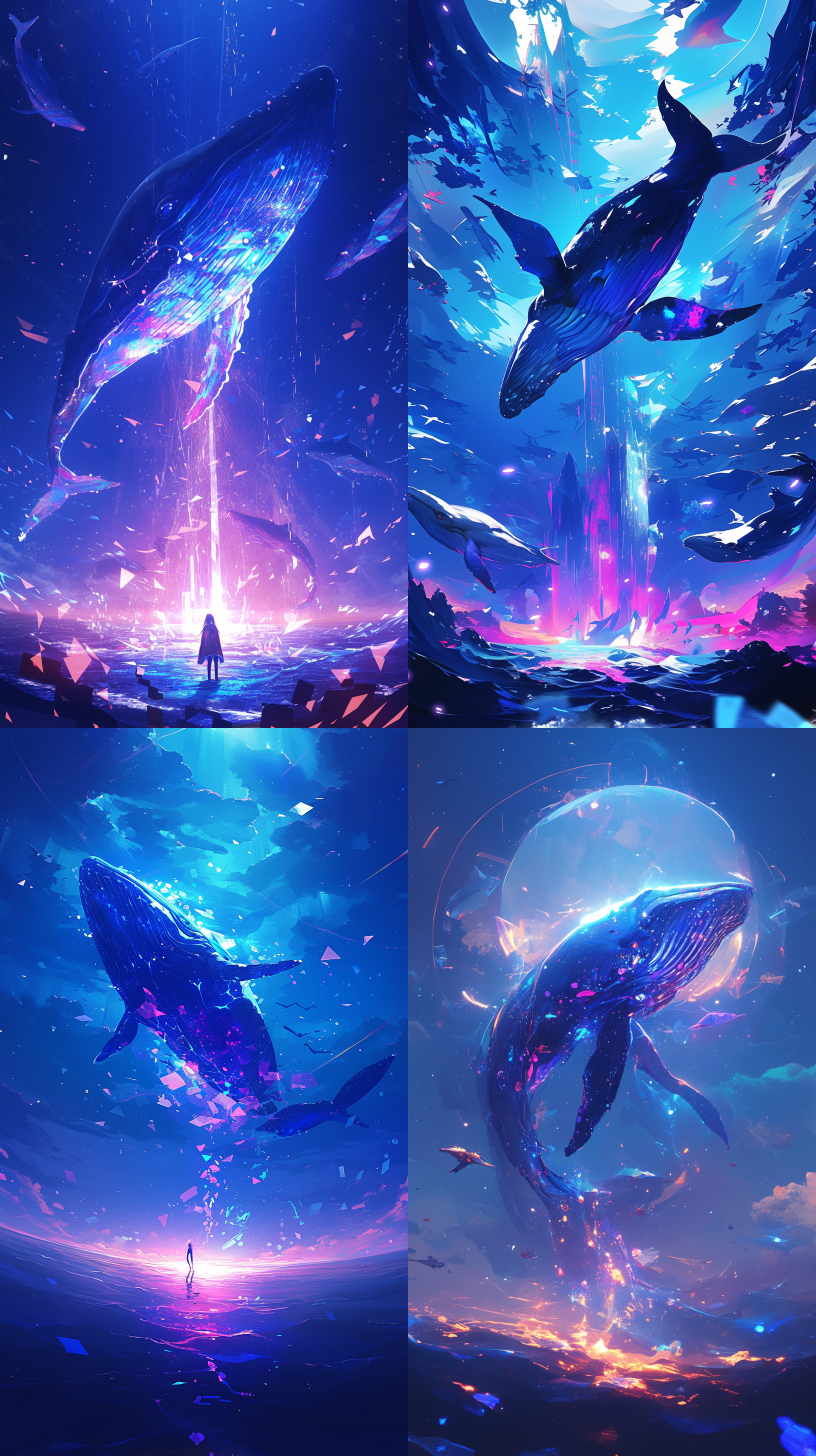 深邃海洋中，一只朋克风格的鲸鱼在远景中浮出水面。鲸鱼身上镶嵌着亮丽的彩色灯光，展现出未来感。构图以鲸鱼为主体，背景是无边无际的海洋。透过广角镜头，呈现出宽广的视野。蓝色和紫色的色调营造出神秘而震撼的氛围。