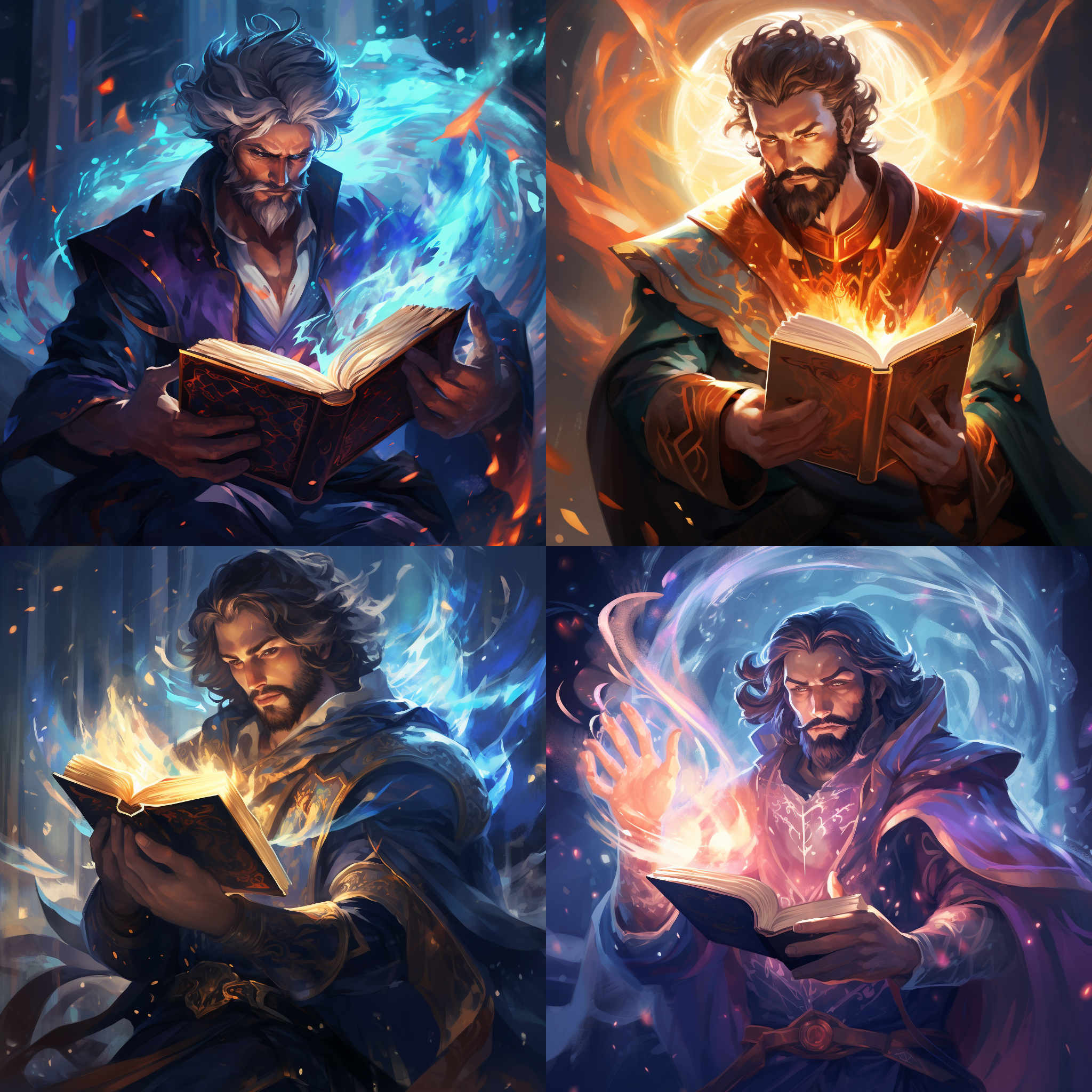 魔法师手持书卷，环绕魔法阵，全身肌肉线条，胡须，露肩长袍，动态姿势，全身特写，高质量，pixiv风格，发光效果，神秘色调，书籍元素，动感，肌肉男。