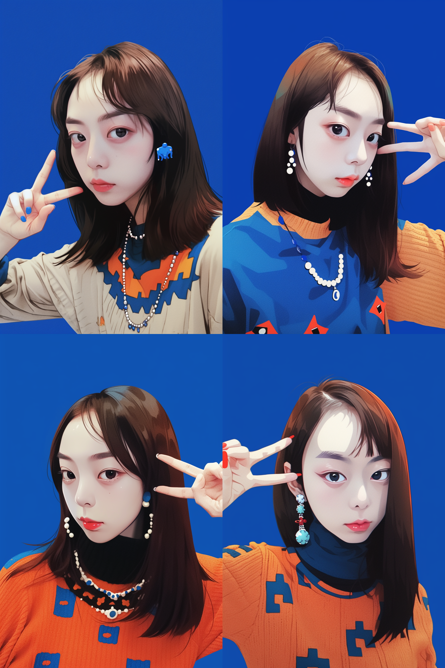 中国女孩肖像，黑发蓝眼睛，克莱因蓝背景，极简主义风格，抽象memphis墨菲斯风格，平面插图，矢量插图，极简扁平风格，高饱和度，明亮色彩，端庄表情。