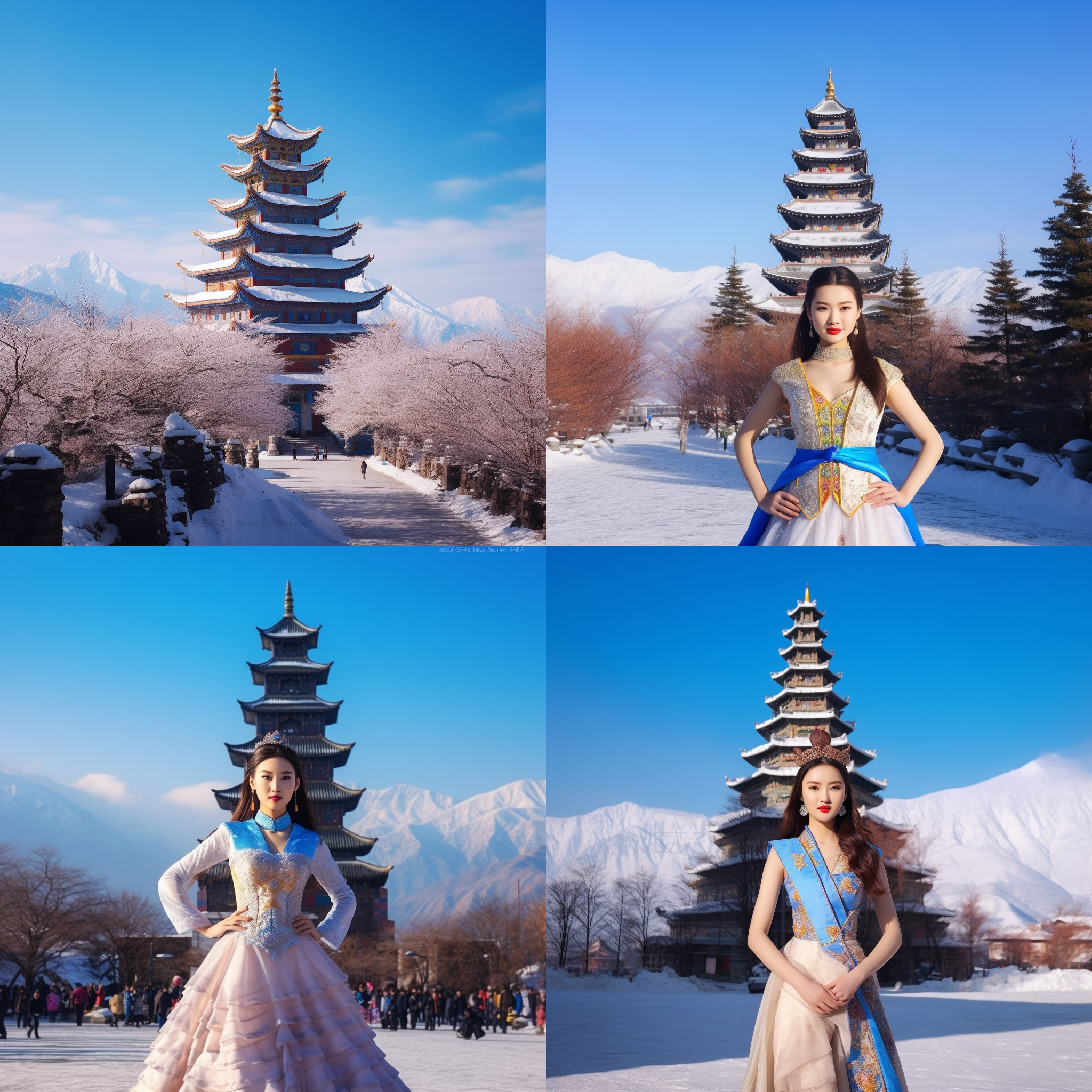 雪山宝塔，举行世界小姐选美大赛，巍峨宝塔背景，多元文化服饰，自信微笑，缤纷色彩，长焦镜头，室外光线，舞台表演，喜悦氛围。