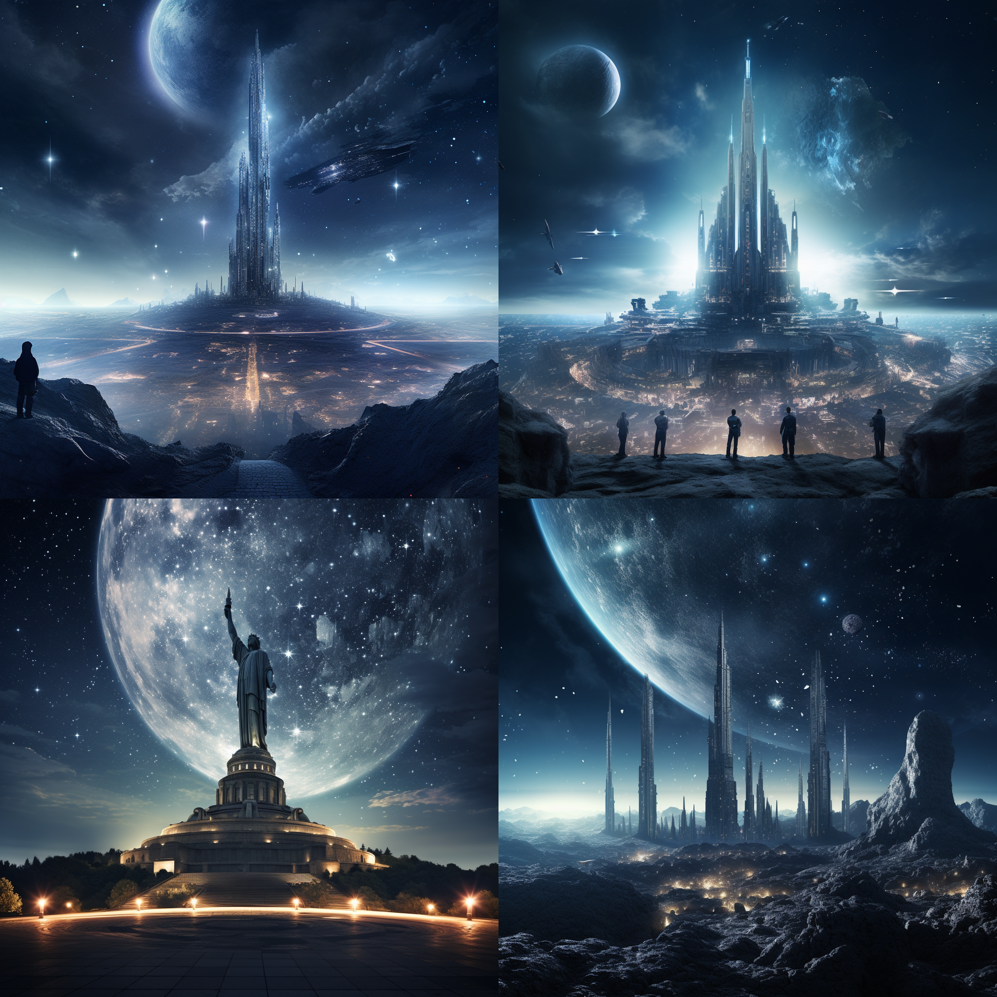 在巨型行星星空下，一座宏伟古迹矗立着，周围星际战舰穿梭。照片以远景展示整个场景，使用广角镜头呈现恢弘的景象。光线柔和，营造出神秘的氛围。古迹上的细节清晰可见，星空中的星光闪烁，给人一种壮观而神秘的感觉。宏伟，星空，古迹，星际战舰，广角镜头，柔和光线，细节清晰，壮观，神秘。